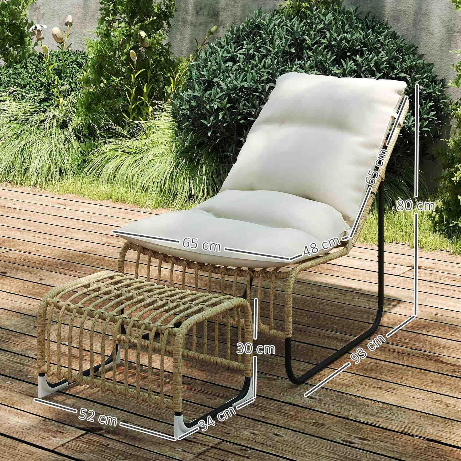 Northio Rattan Relaxsessel mit Fußhocker UV-beständig Gartensessel mit Kissen Bänder Outdoor Rattanstuhl Gartenstuhl für Garten, Balkon, Terrasse Naturholz Aosom