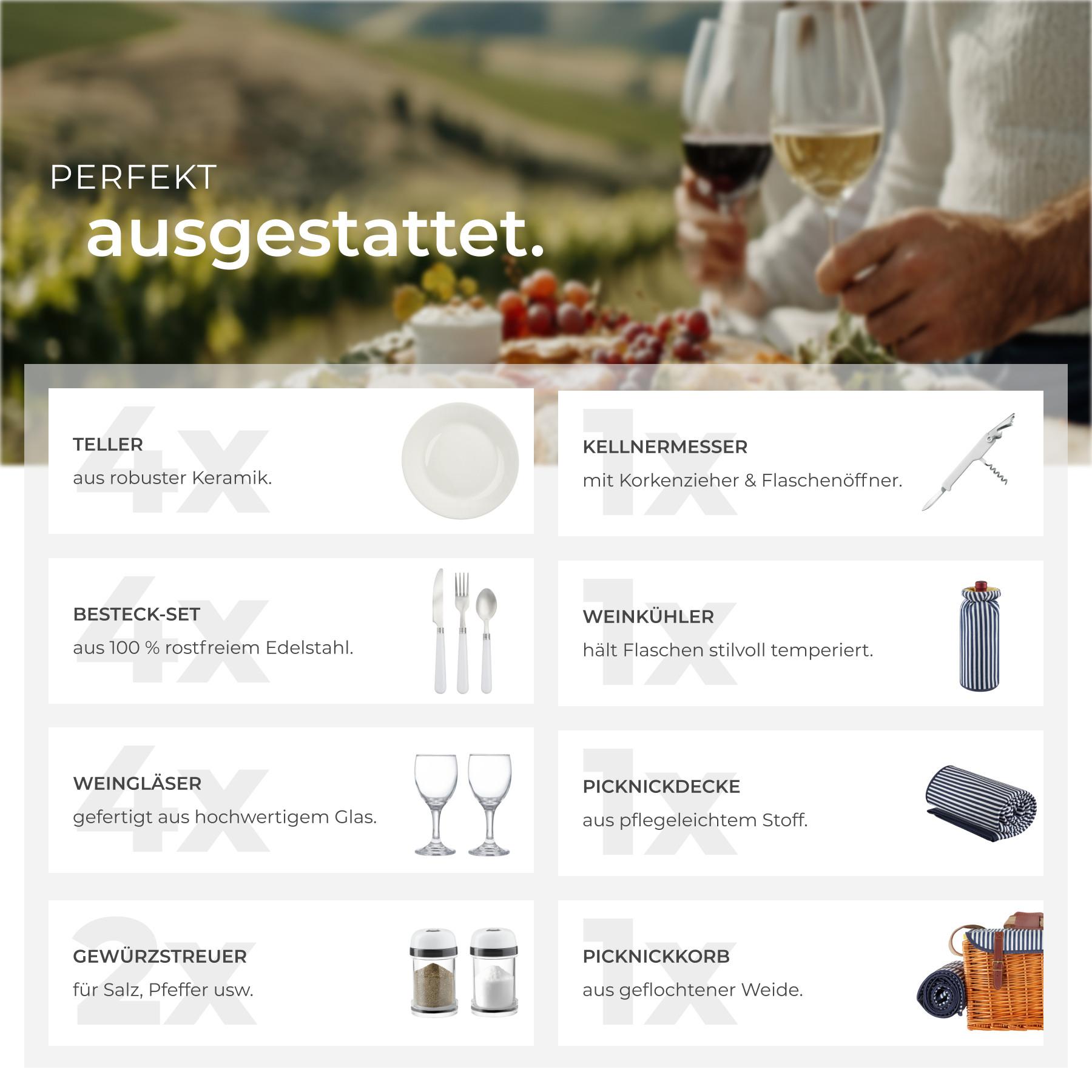 Tectake Picknickkorb Rügen für 4 Personen, mit Kühlfach & Zubehör