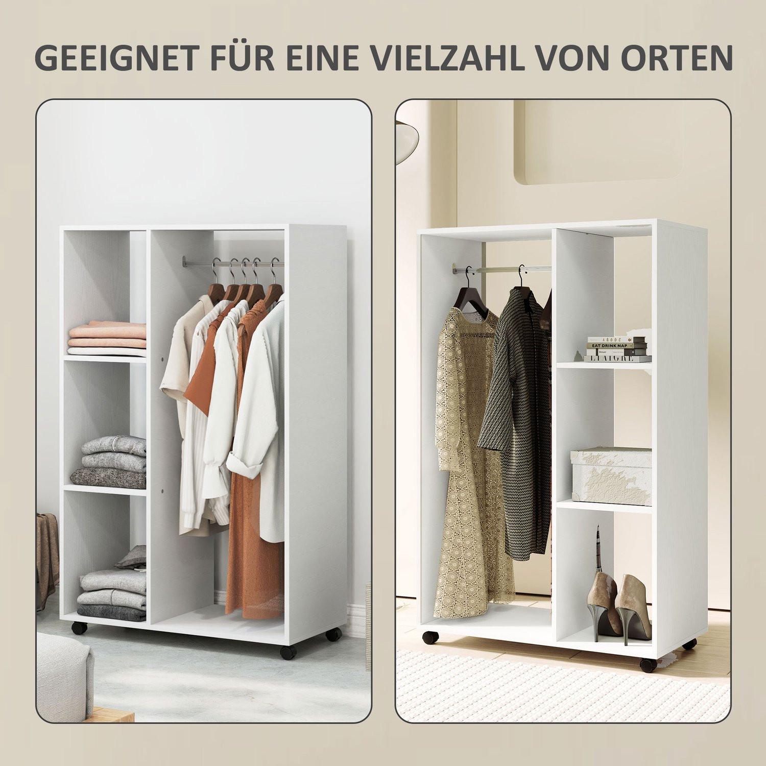 Northio Kleiderschrank auf Rollen, mobile Garderobe, 1 Kleiderstange, 3 Regale, Garderobenschrank, Rollbarer Kleiderständer für Flur, Schlafzimmer, 80 x 40 x 128 cm, Weiß