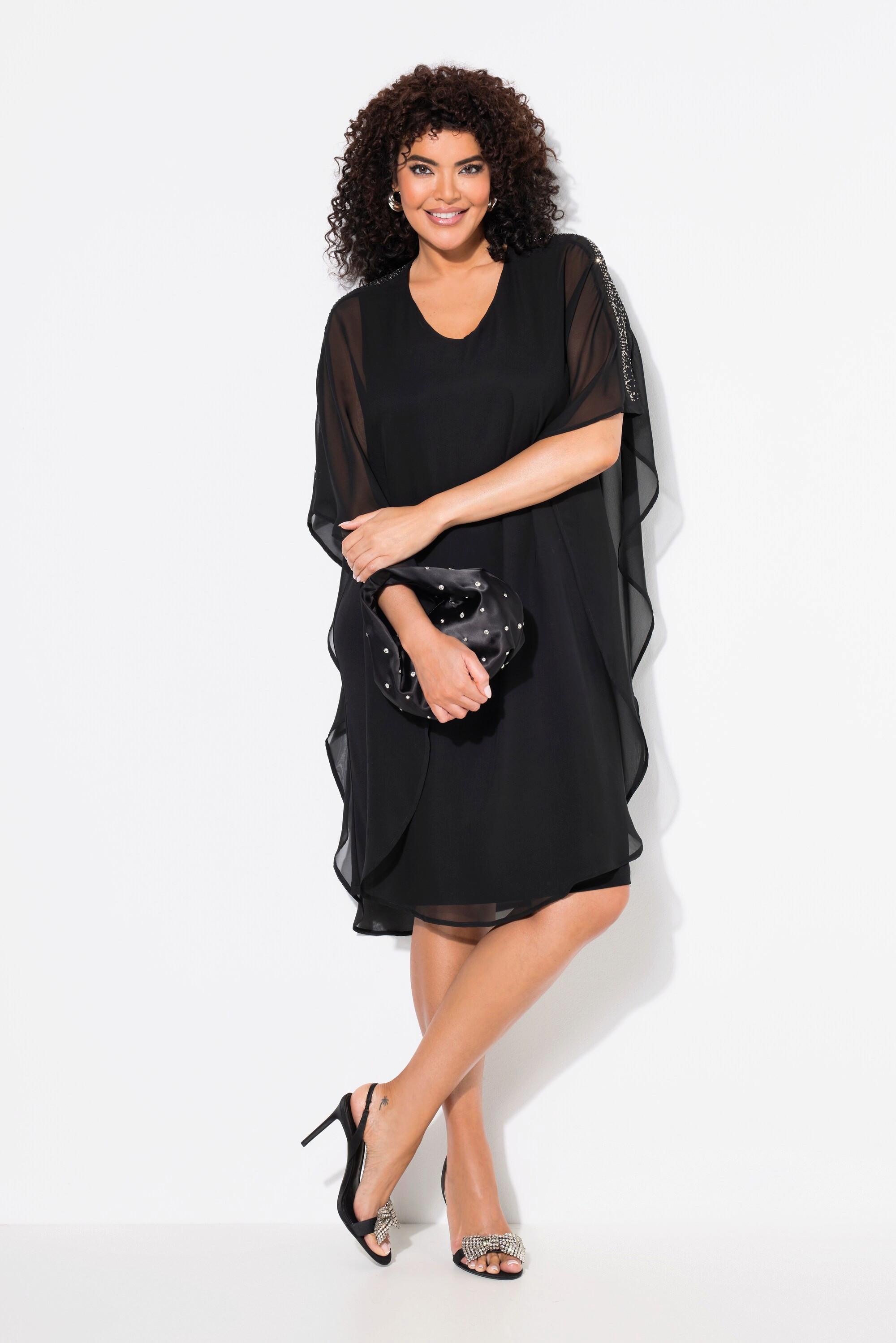 Ulla Popken Chiffonkleid doppellagig V-Ausschnitt 3/4-Arm