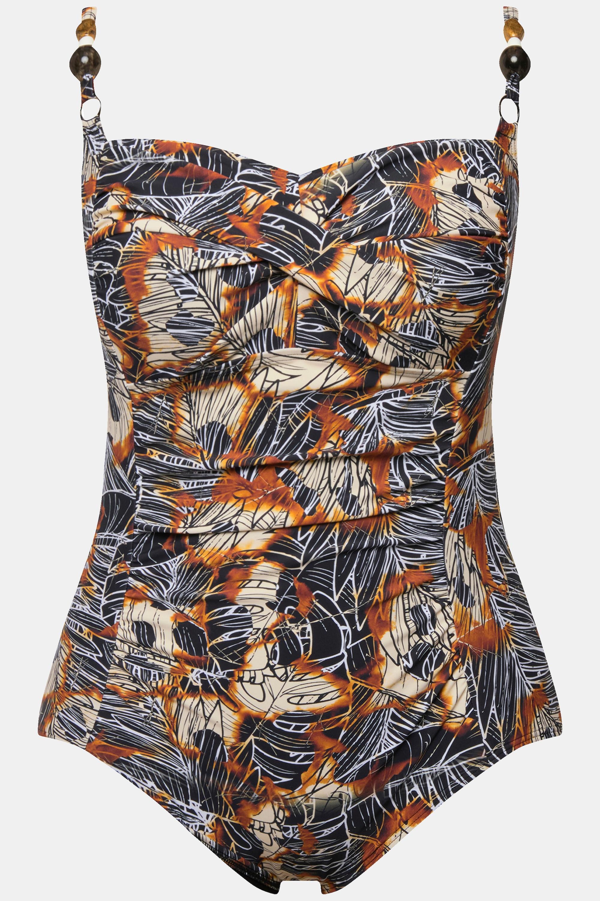 Ulla Popken Badeanzug, drapiert, Softcups, Perlen, recycelt