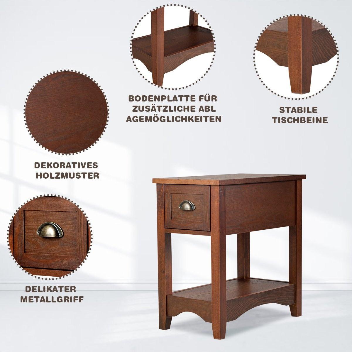 Northix Retro Beistelltisch mit Schublade & Ablage Gummiholzbeine für Wohnzimmer & Schlafzimmer Rotbraun