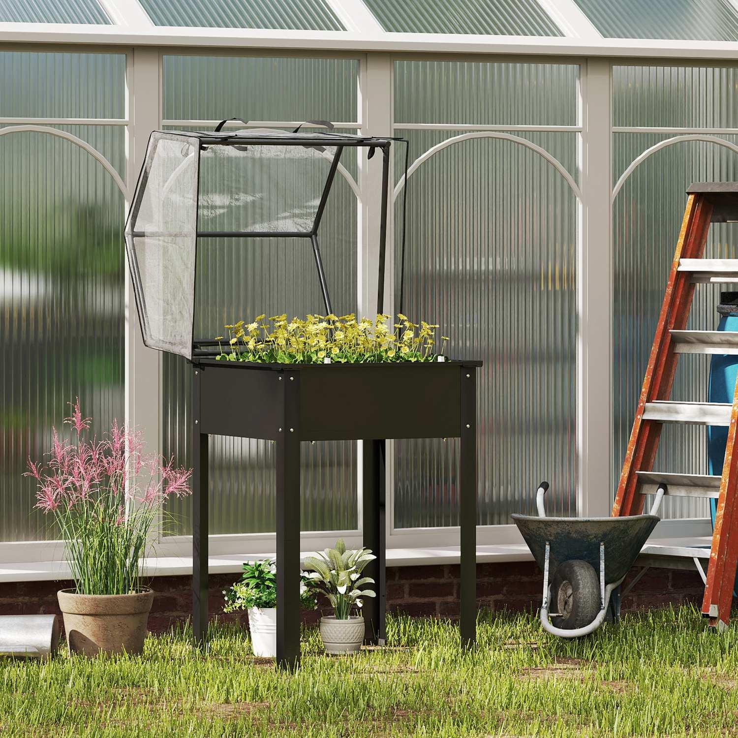 Northio Hochbeet mit Abdeckung, erhöhtes Kräuterbeet mit Ablauflöchern, Pflanzkasten aus Metall, wetterbeständig Gemüsebeet, Gartenbeet, Pflanzbeet für Garten, Balkon, 60 x 60 x 120 cm, Schwarz Aosom