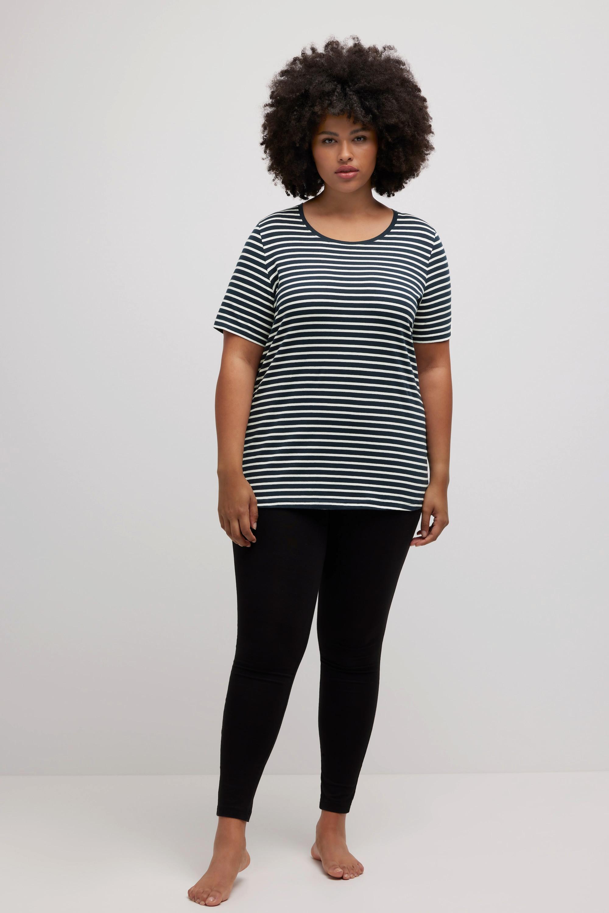 Ulla Popken Pyjamashirt, Ringel, Rundhals, Halbarm, Biobaumwolle