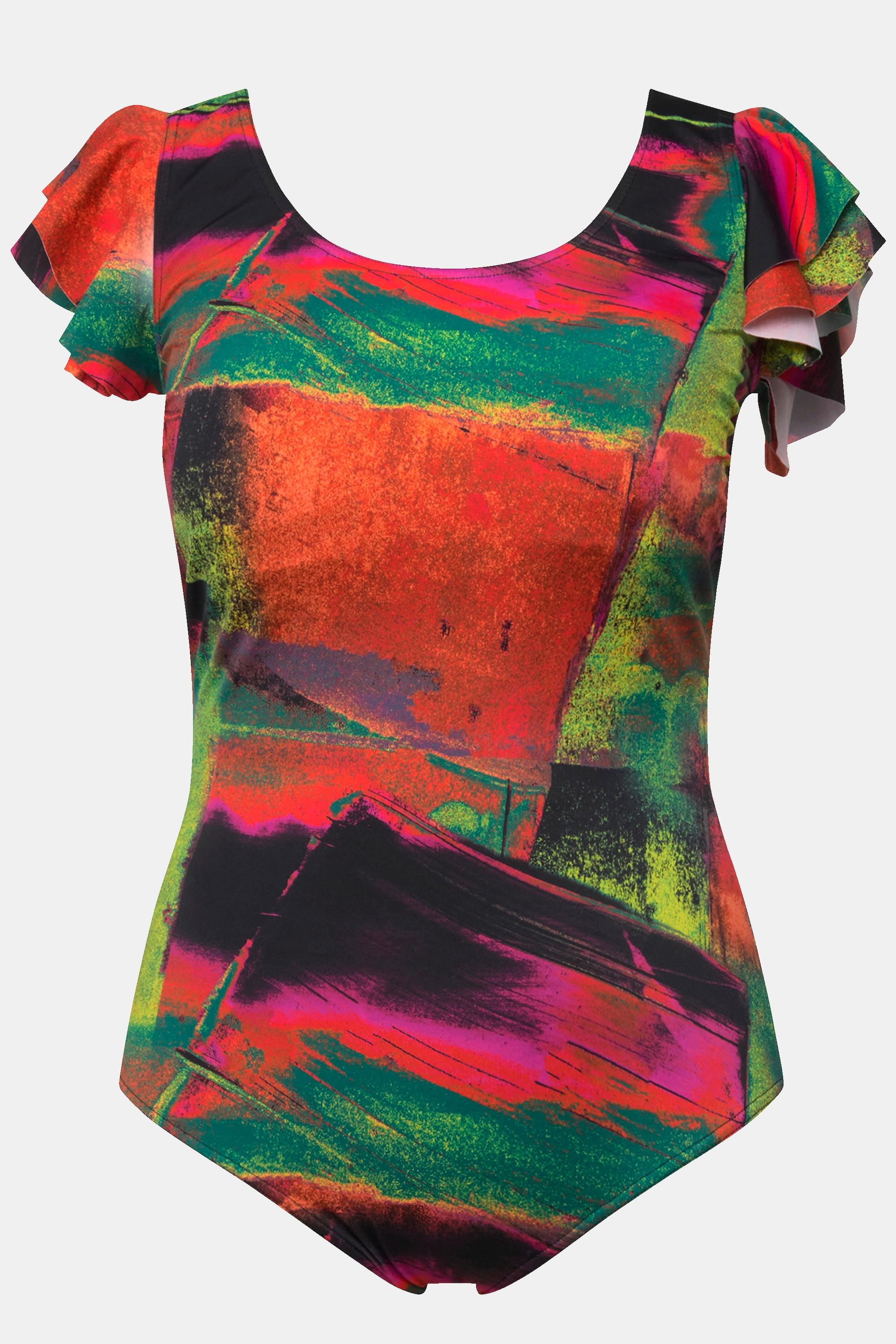 Ulla Popken Badeanzug, Ärmel-Volant, Softcups, Rundhals