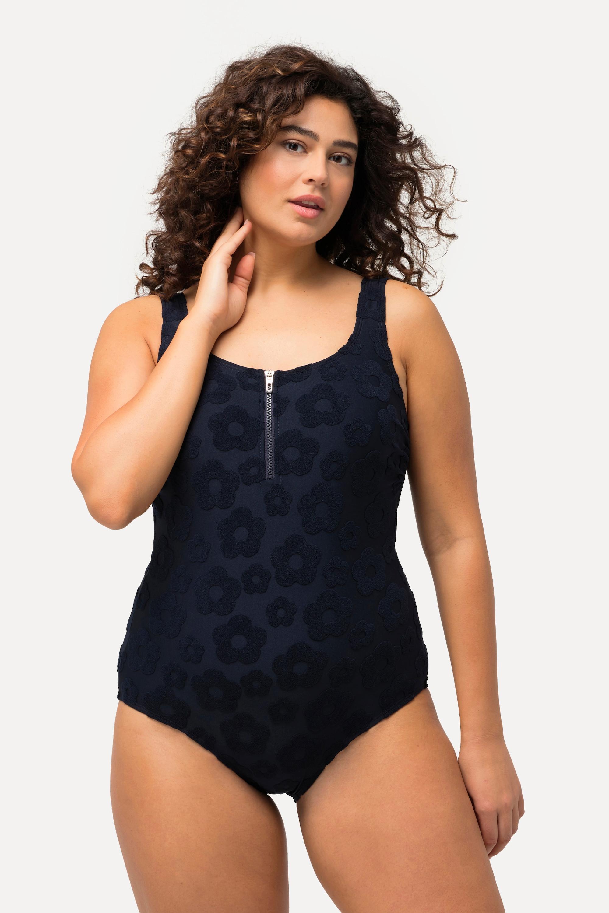 Ulla Popken Badeanzug, Blumen-Struktur, Zipper, ohne Softcups
