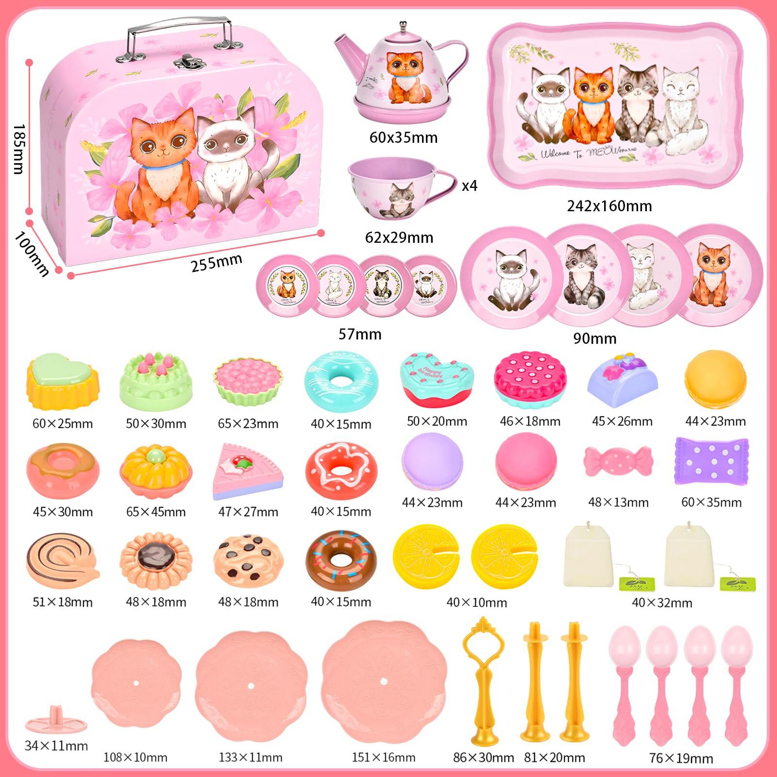 Activity-board 50-teiliges Teeset Kinder, Teeset Kinder mit Kätzchen Koffer, Teeparty Rollenspiel Spielzeug für kleine Tee-Set mit Des