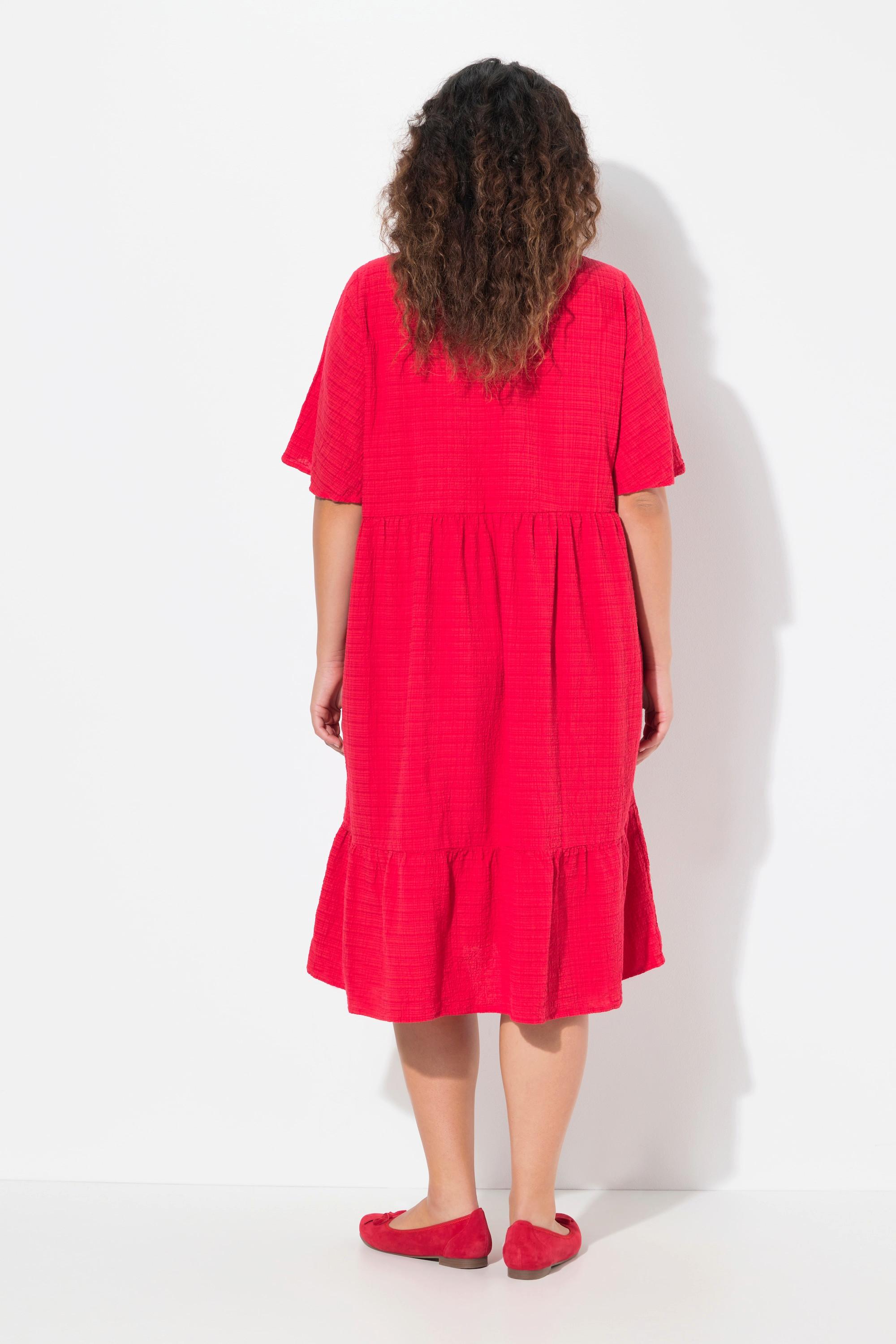 Ulla Popken Midikleid Seersucker A-Linie V-Ausschnitt Halbarm