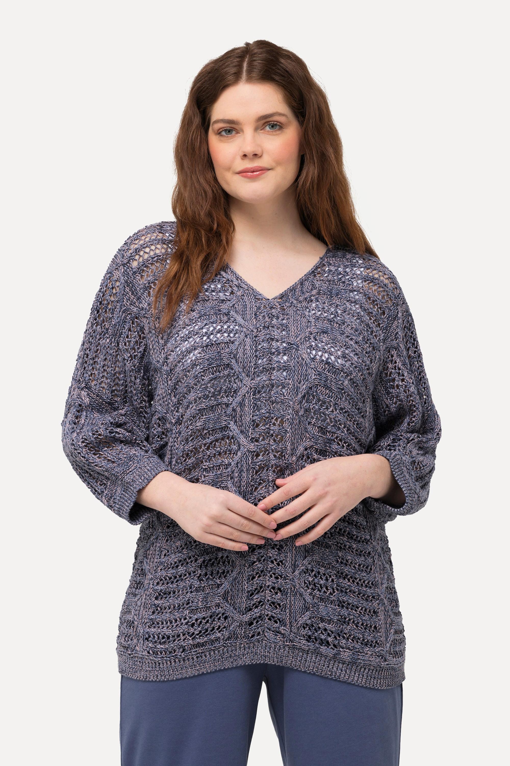Ulla Popken Pullover, Ajourmuster, V-Ausschnitt, 3/4-Arm, Biobaumwolle