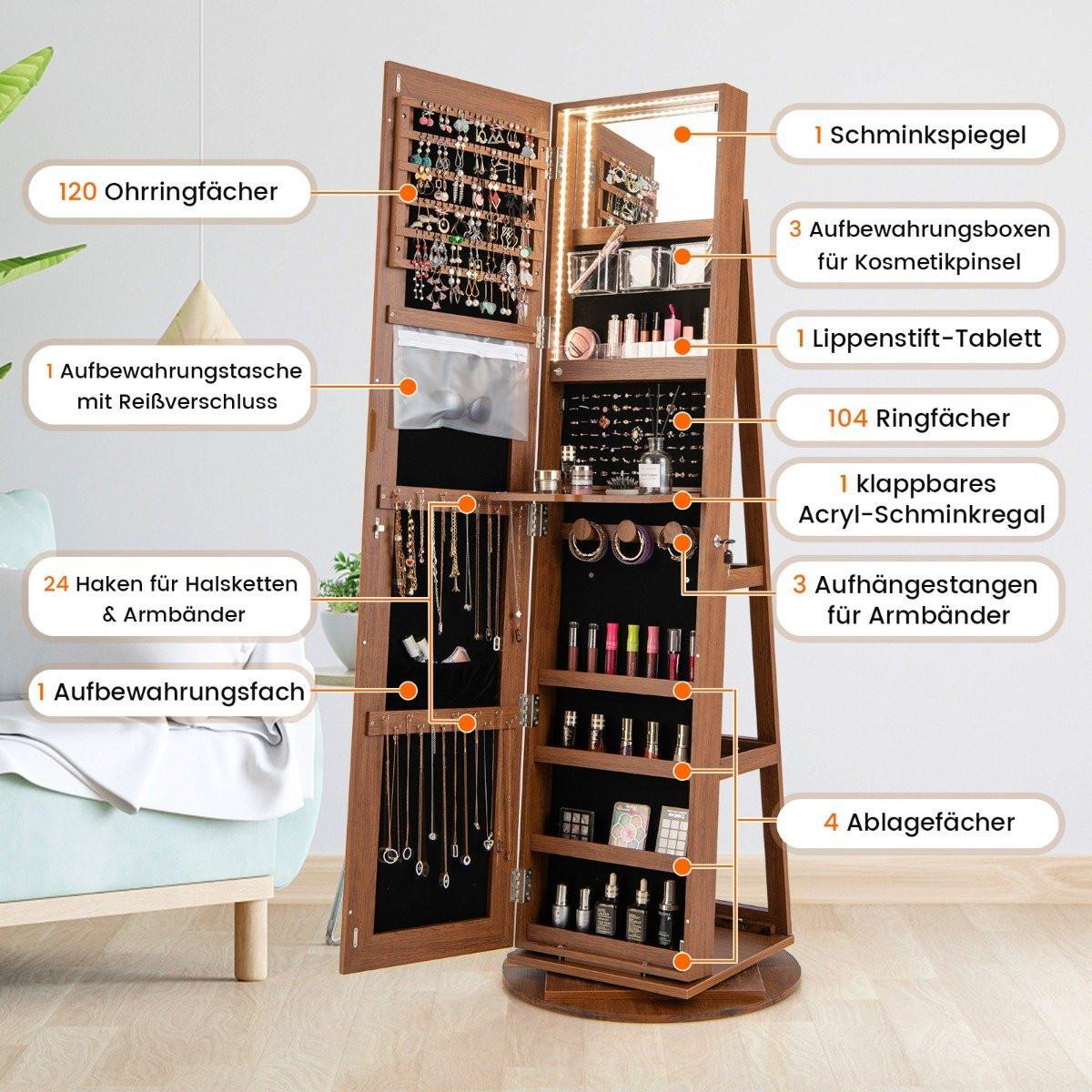 B2X 360° Drehbarer Schmuckschrank mit Dreifarbigen LED-Leuchten Freistehender Spiegelschrank Holz