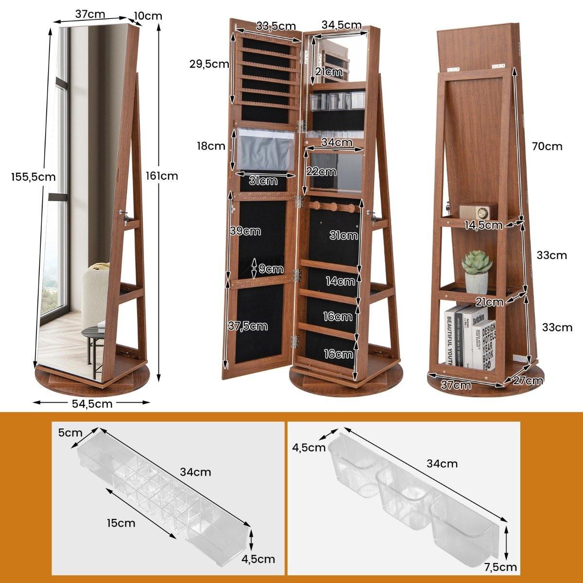 B2X 360° Drehbarer Schmuckschrank mit Dreifarbigen LED-Leuchten Freistehender Spiegelschrank Holz
