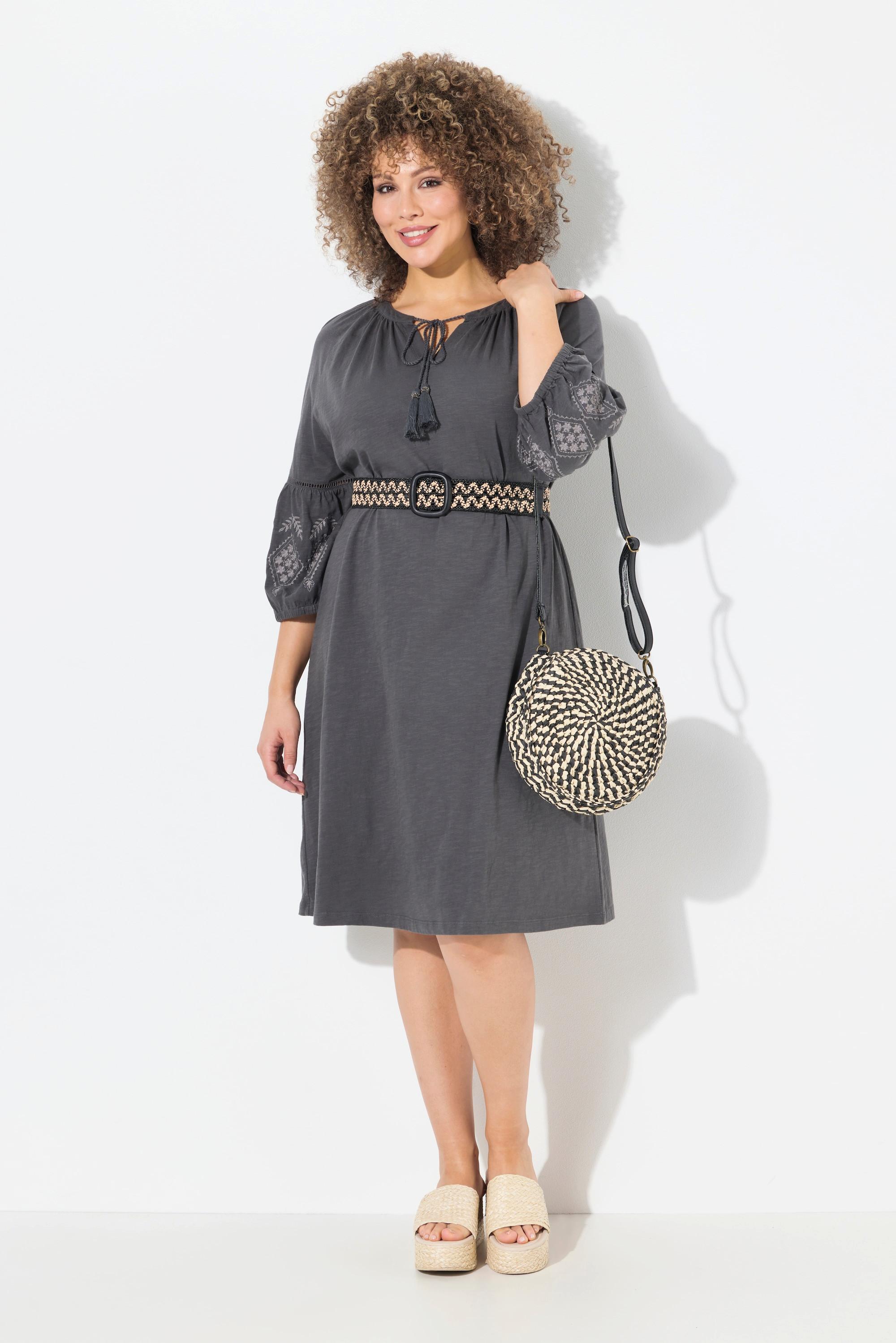 Ulla Popken Jerseykleid Stickerei A-Linie Tunika-Ausschnitt 3/4-Arm