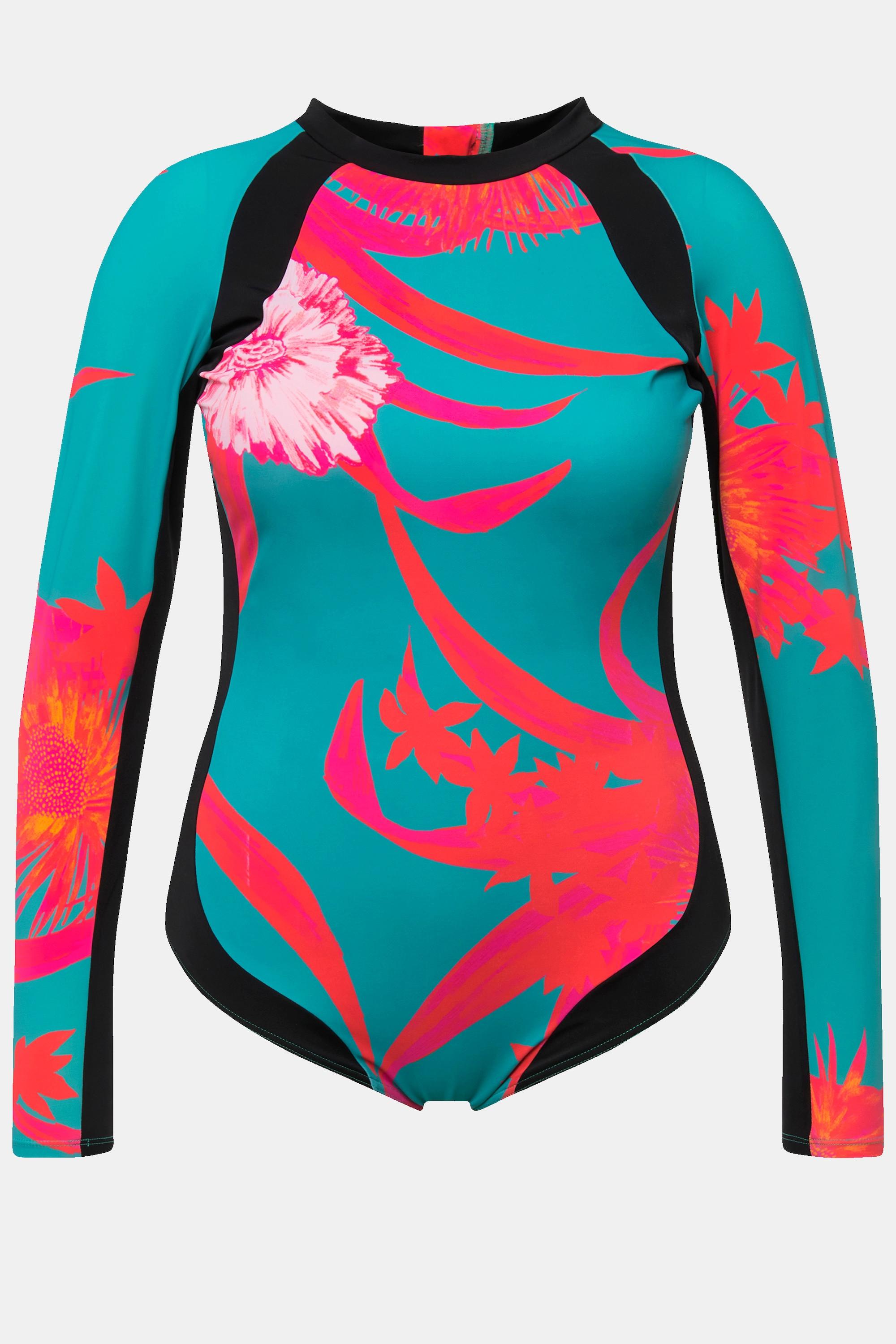 Ulla Popken Badeanzug, LSF 50+, Langarm, Stehkragen, ohne Softcups