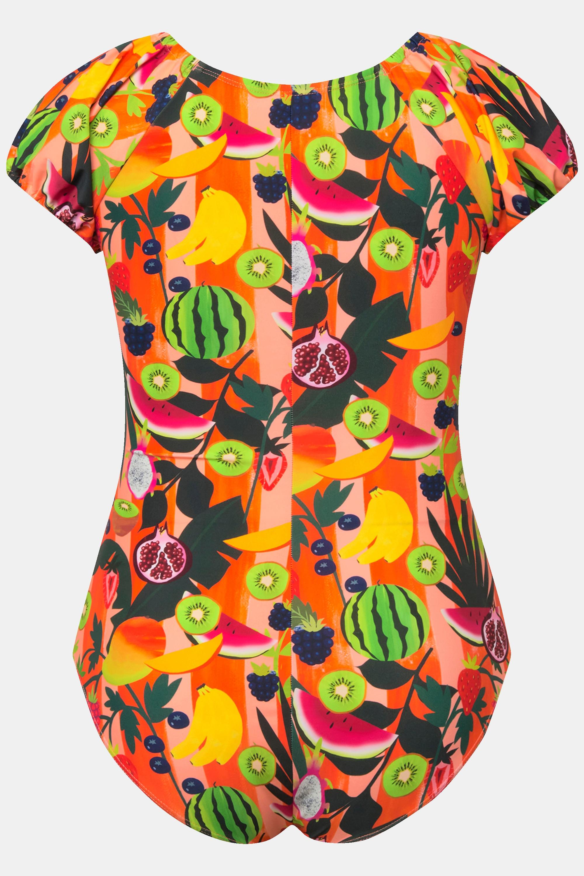 Ulla Popken Badeanzug, Früchte, Softcups, Puff-Halbarm