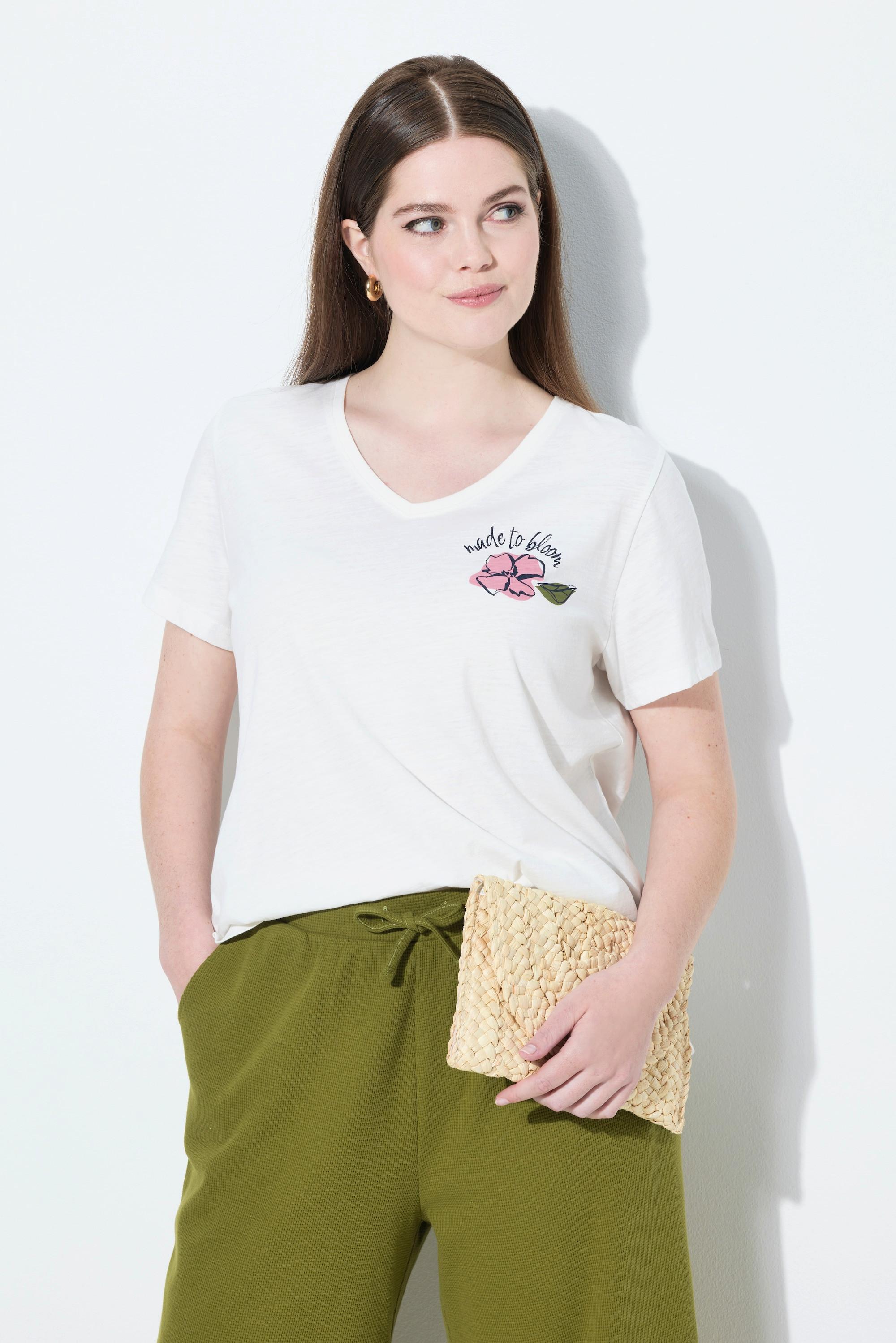 Ulla Popken T-Shirt Blüte V-Ausschnitt Halbarm Biobaumwolle