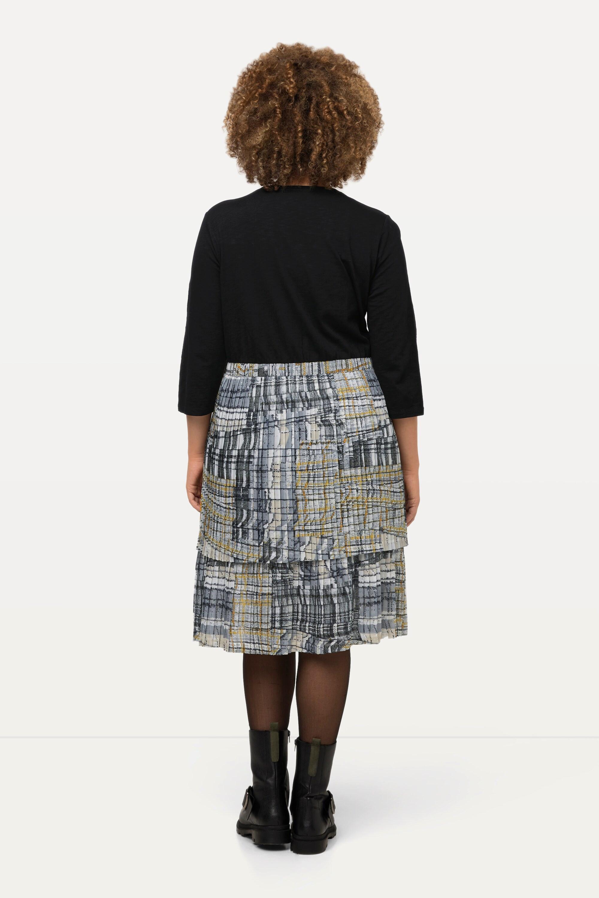 Ulla Popken Jerseykleid Plisseerock A-Linie V-Ausschnitt 3/4-Arm