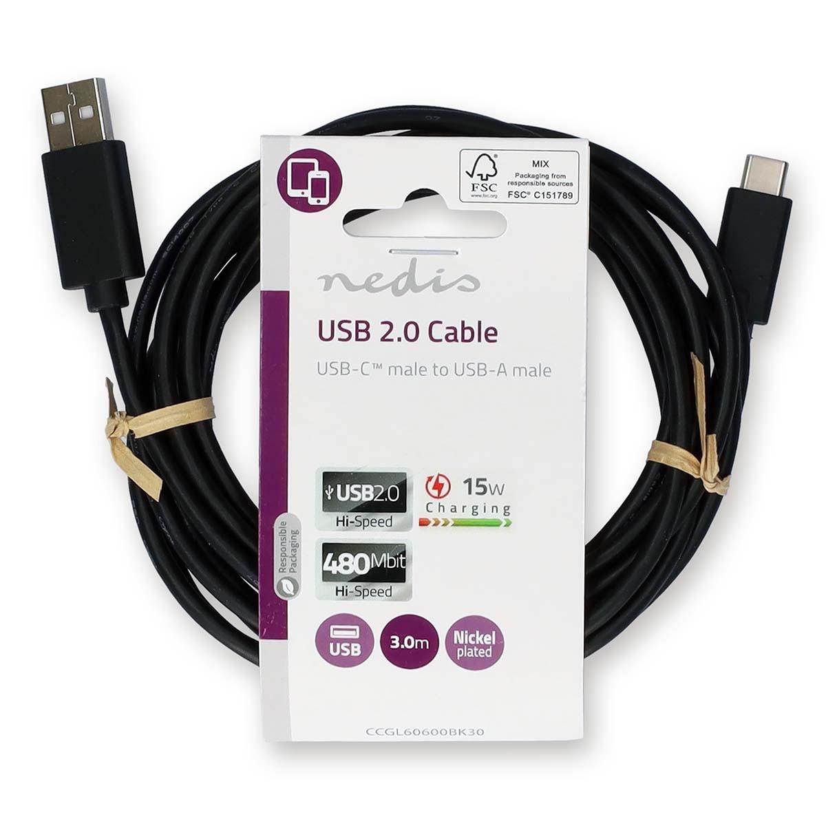 Nedis USB-Kabel | USB 2.0 | USB-A Stecker | USB-C™ Stecker | 15 W | 480 Mbps | Vernickelt | 3,00 m | Rund | PVC | Schwarz | Etikett