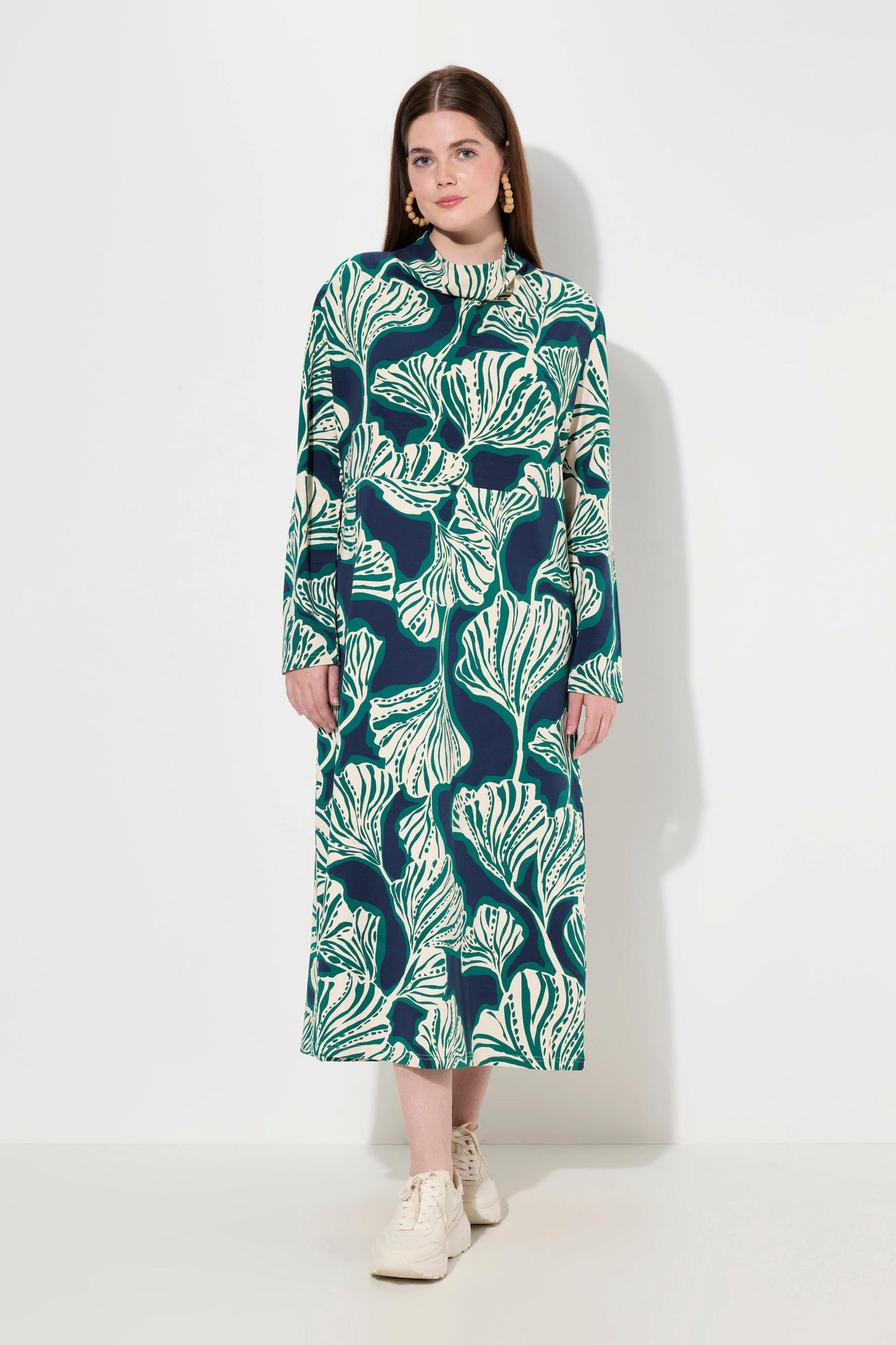 Ulla Popken Maxi Sweatkleid Blätter Wasserfall-Ausschnitt Langarm