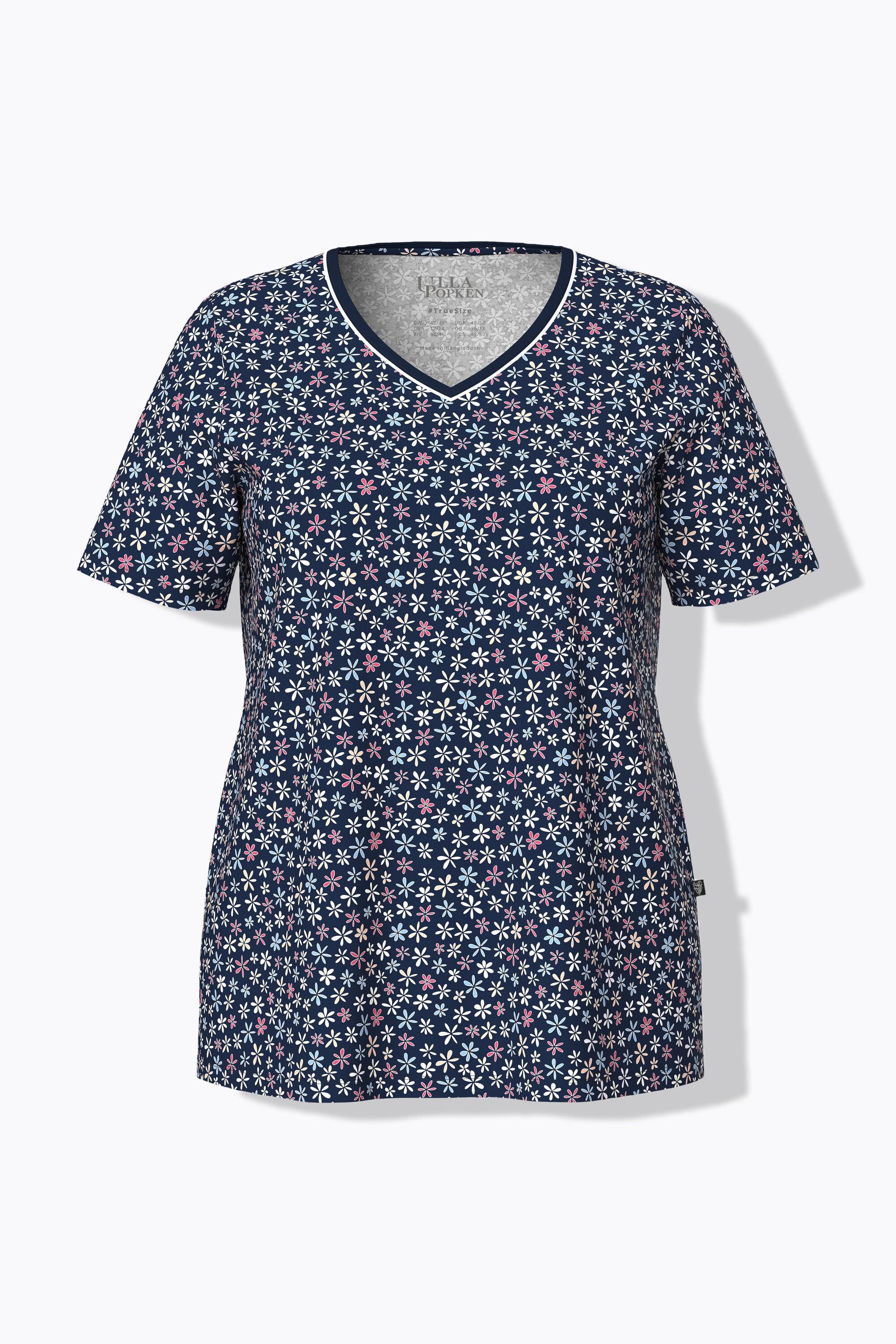 Ulla Popken Pyjamashirt, Blüten, V-Ausschnitt, Halbarm