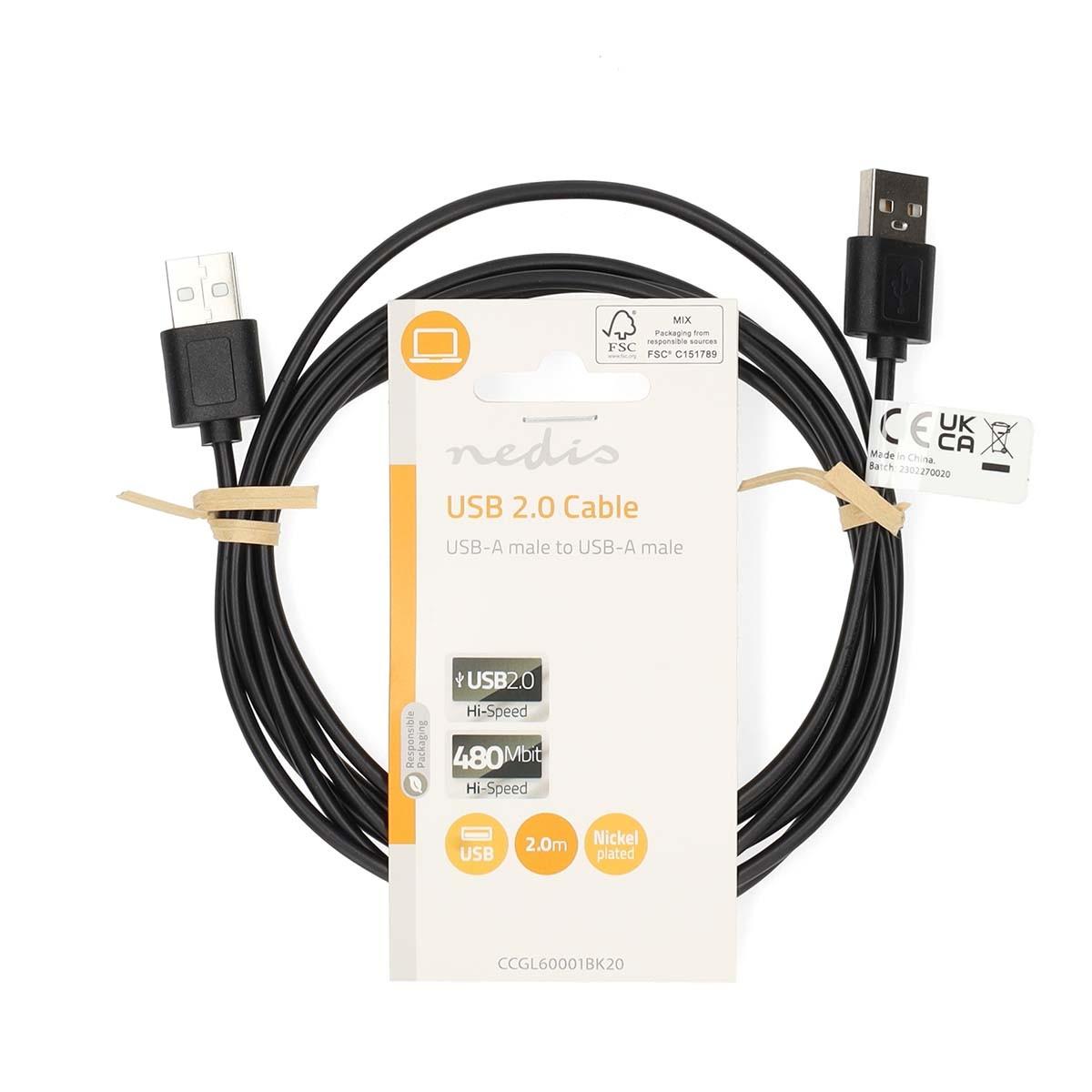 Nedis USB-Kabel | USB 2.0 | USB-A Stecker | USB-A Stecker | 480 Mbps | Vernickelt | 2,00 m | Rund | PVC | Schwarz | Etikett