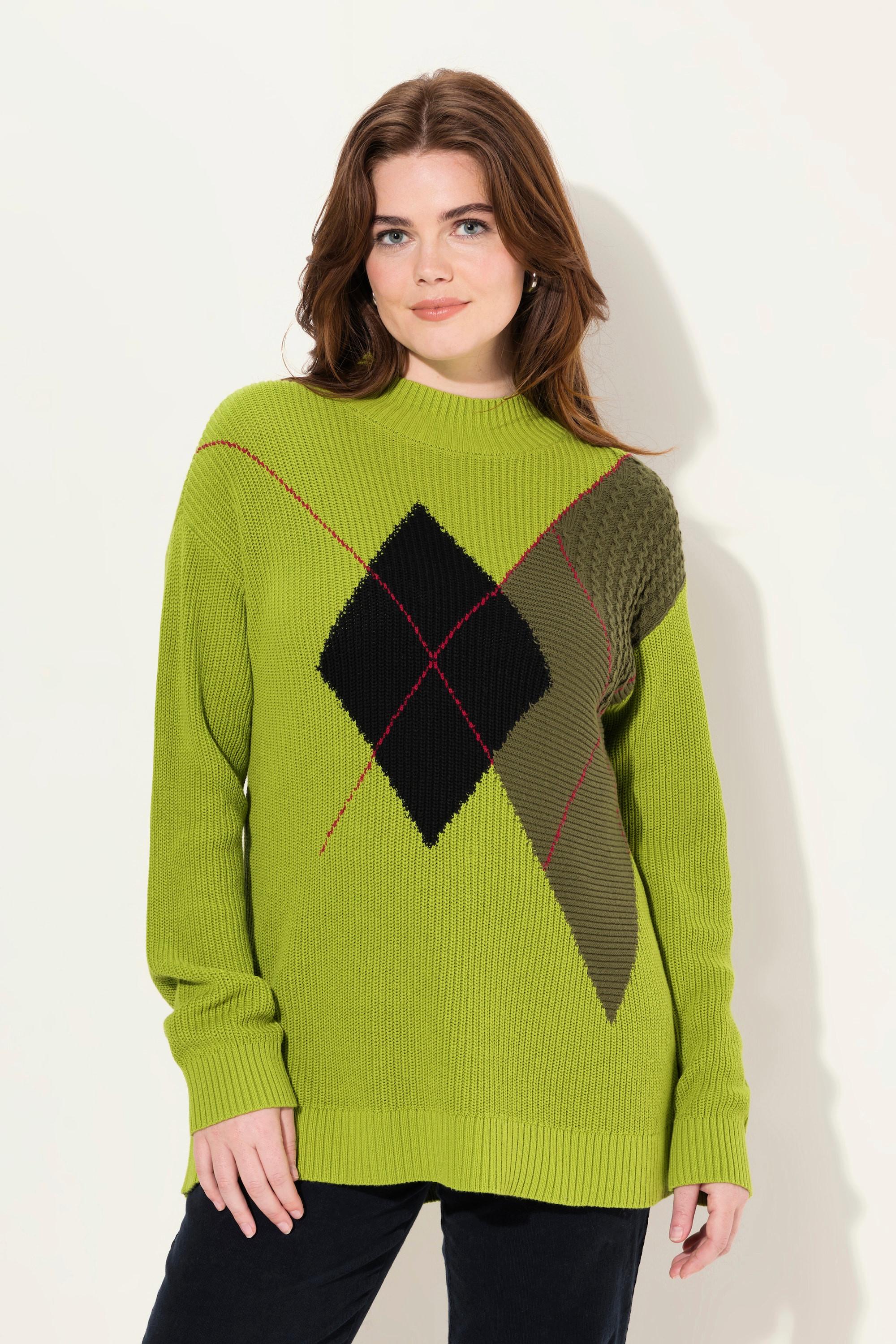 Ulla Popken Pullover, Argyle-Muster, Stehkragen, Langarm