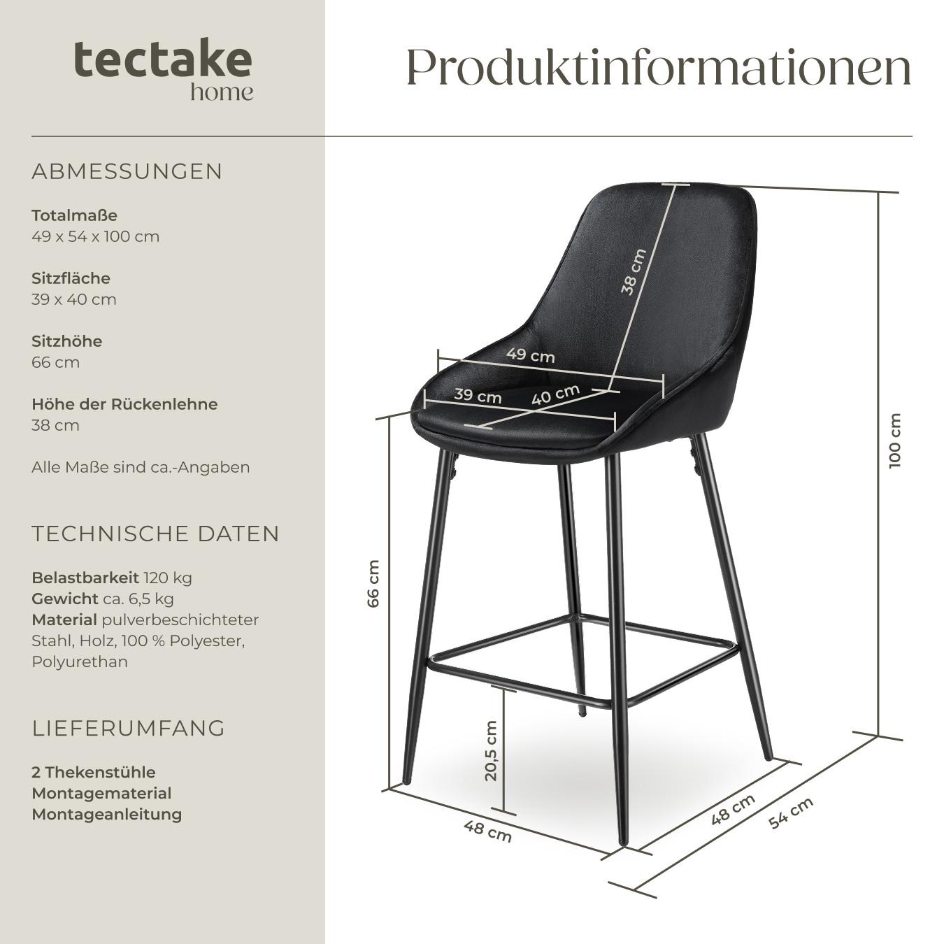 Tectake Thekenstuhl Siera mit Rückenlehne 2er Set