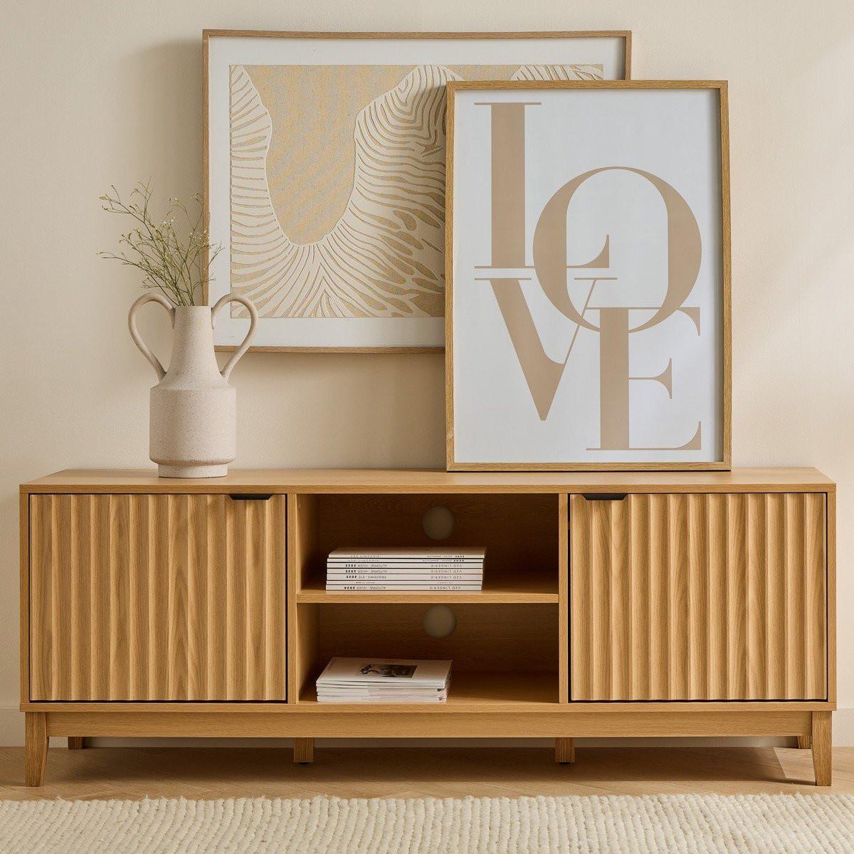 Calicosy TV-Möbel mit 2 offenen Fächern und 2 Türen mit geriffelter Front L140 cm - BOLOGNE