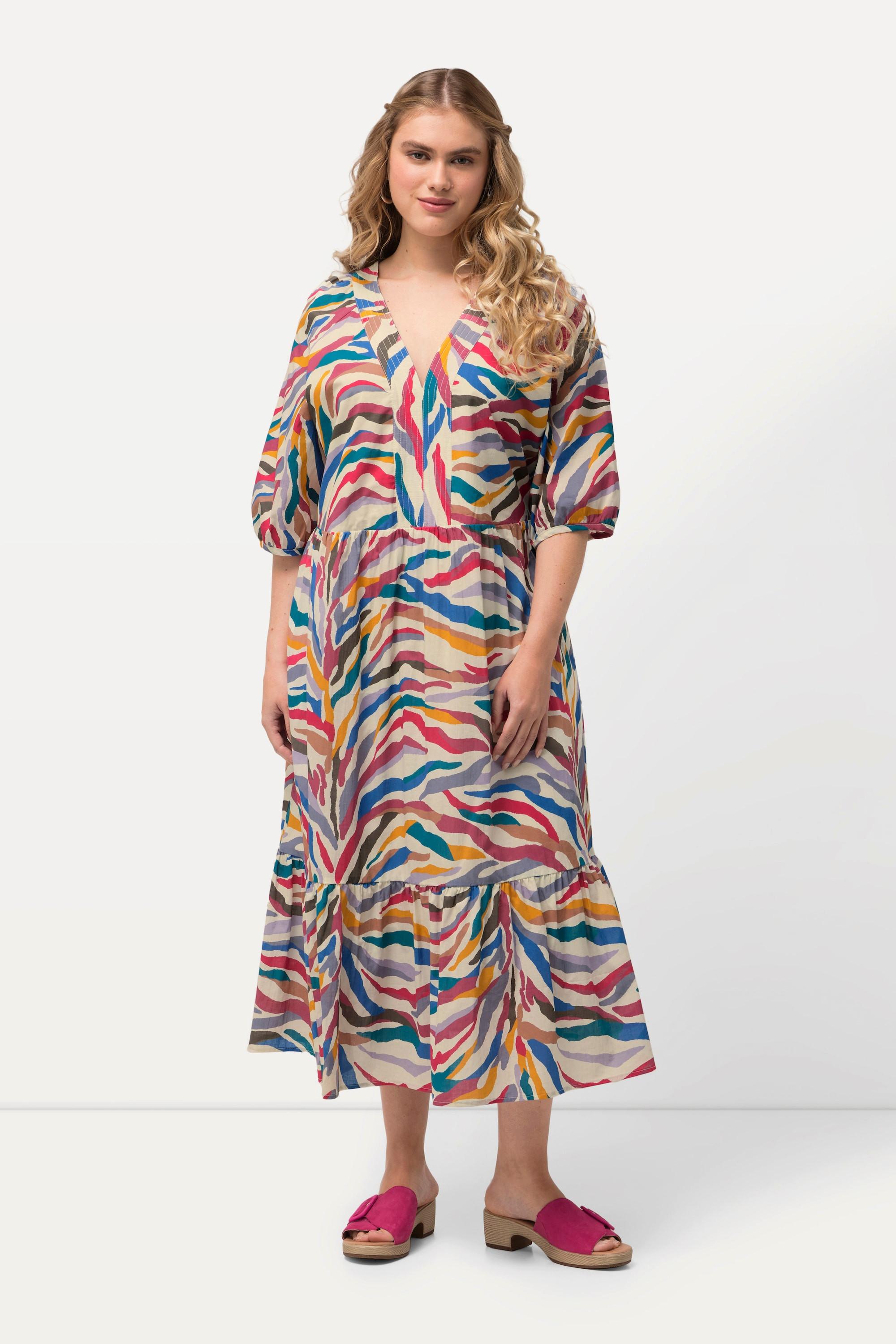 Ulla Popken Midikleid A-Linie V-Ausschnitt geraffter Halbarm
