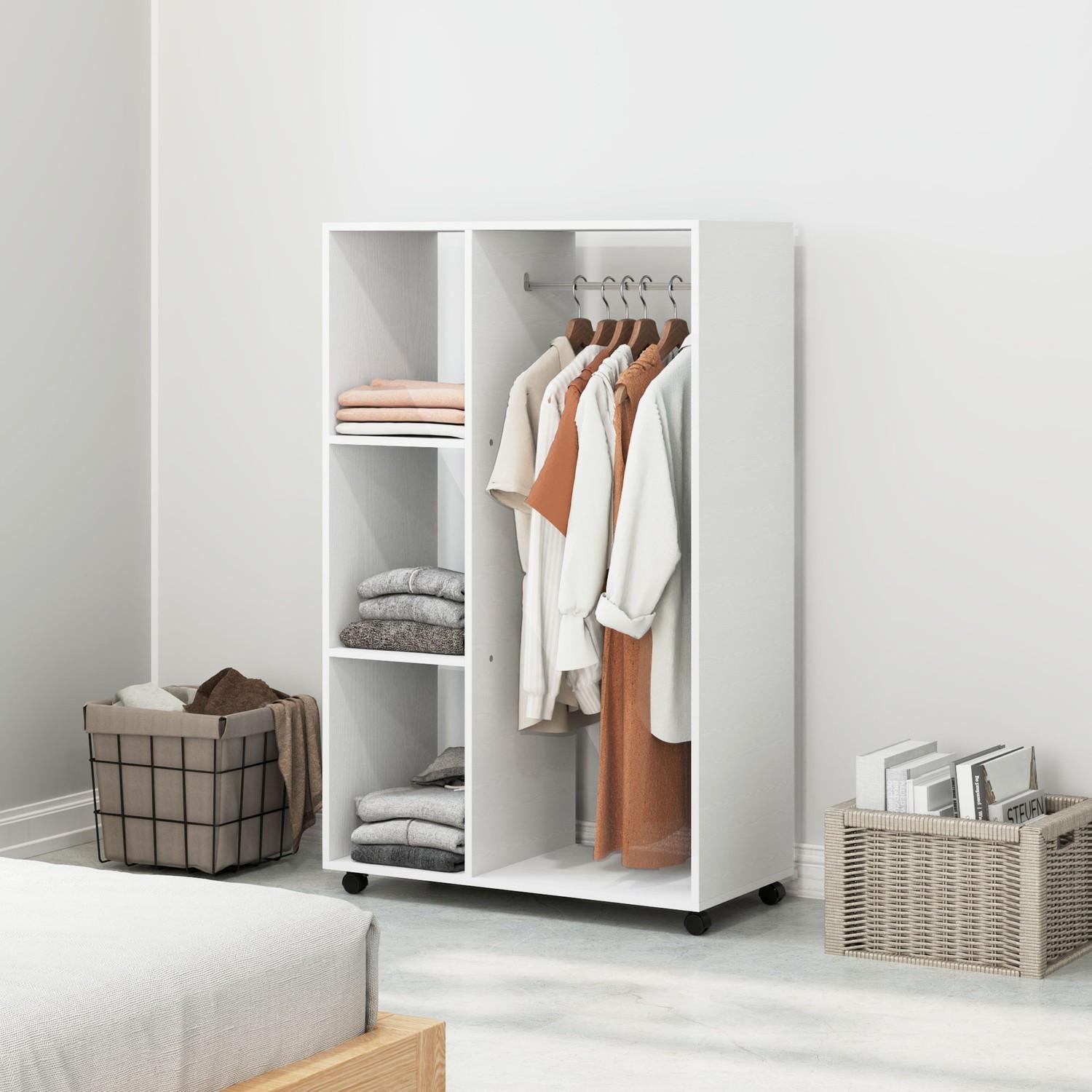 Northio Kleiderschrank auf Rollen, mobile Garderobe, 1 Kleiderstange, 3 Regale, Garderobenschrank, Rollbarer Kleiderständer für Flur, Schlafzimmer, 80 x 40 x 128 cm, Weiß