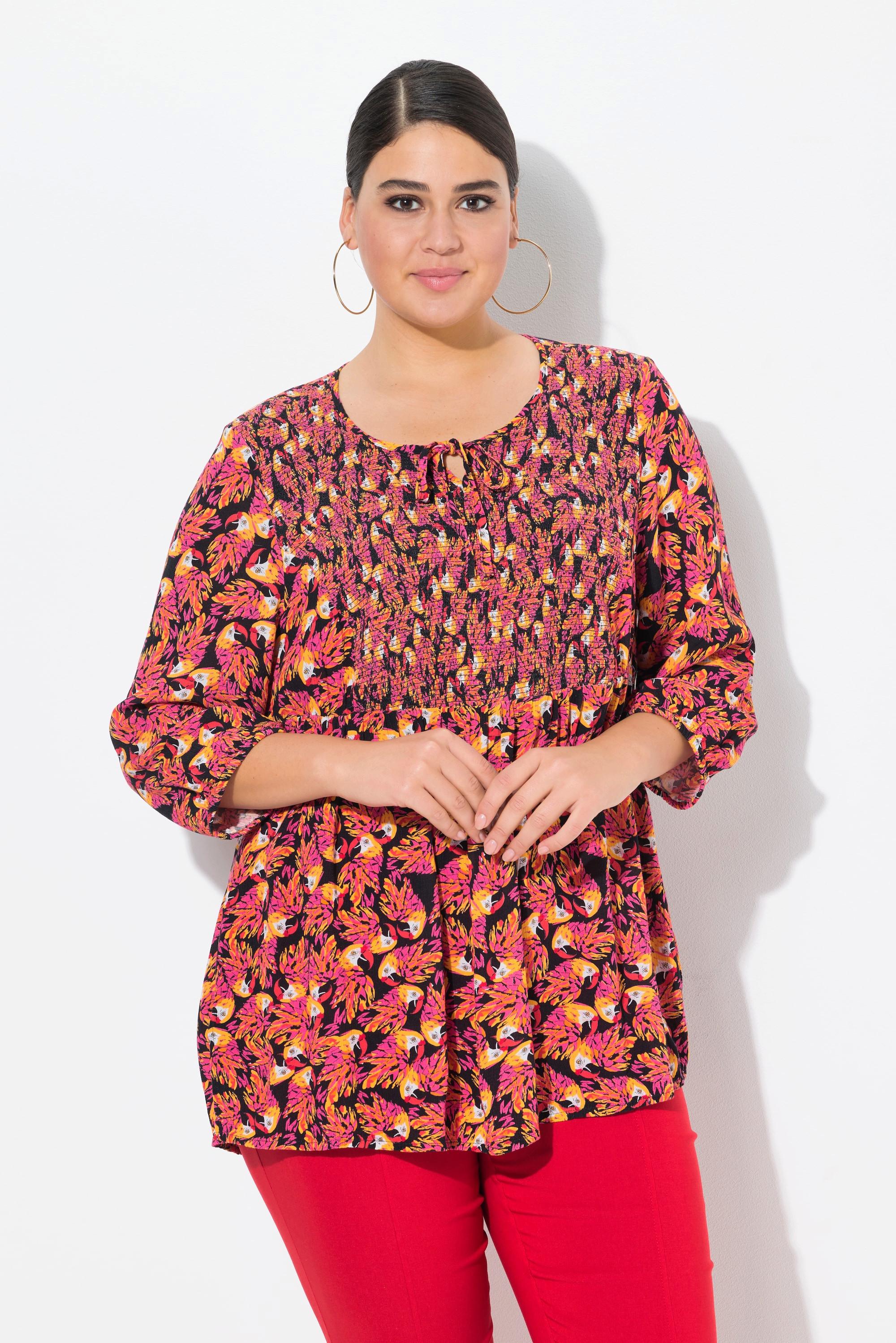 Ulla Popken Smok-Bluse, Patchdruck, A-Linie, Rundhals, 3/4-Arm