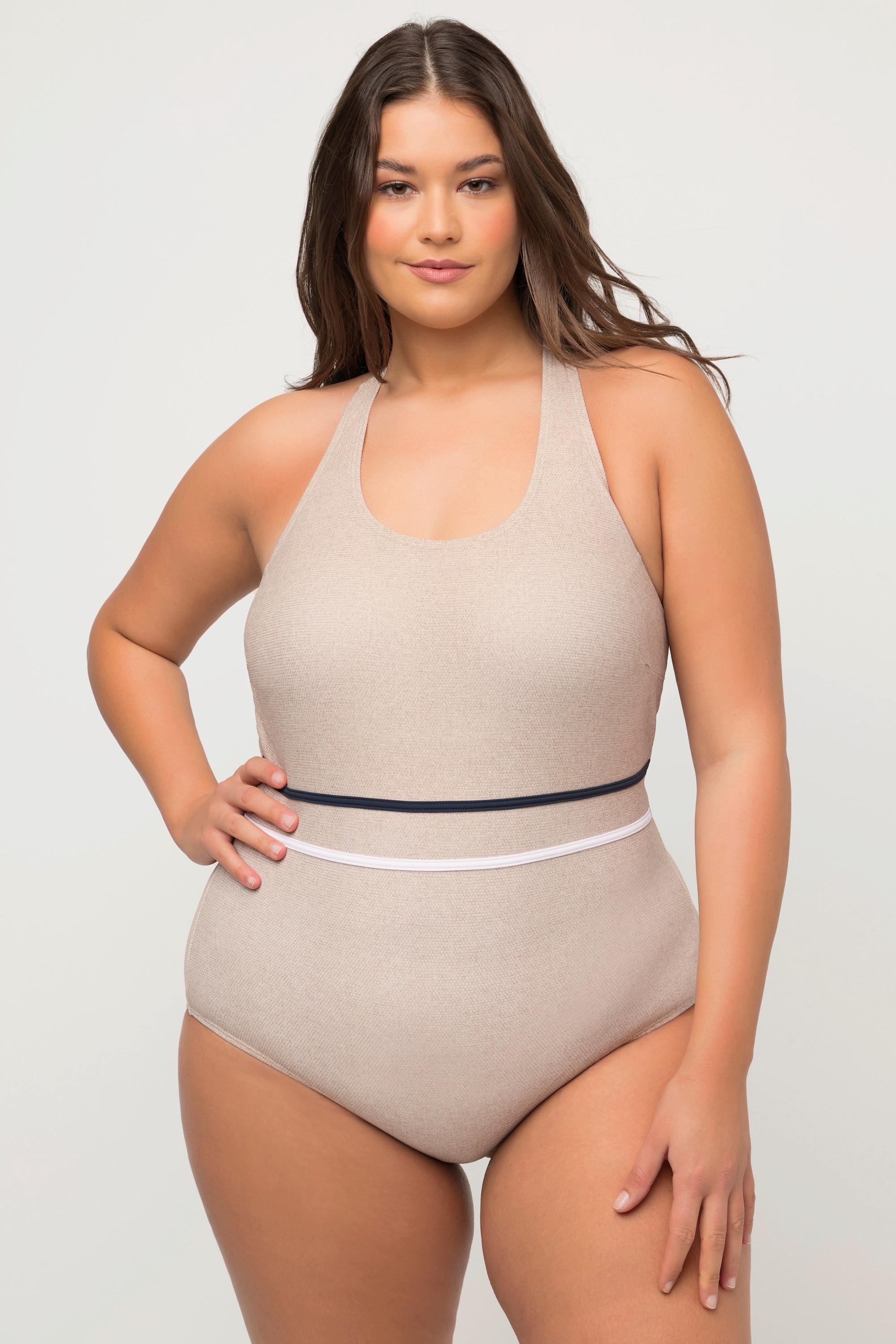 Ulla Popken Badeanzug, Juteoptik, Softcups, Zierknoten