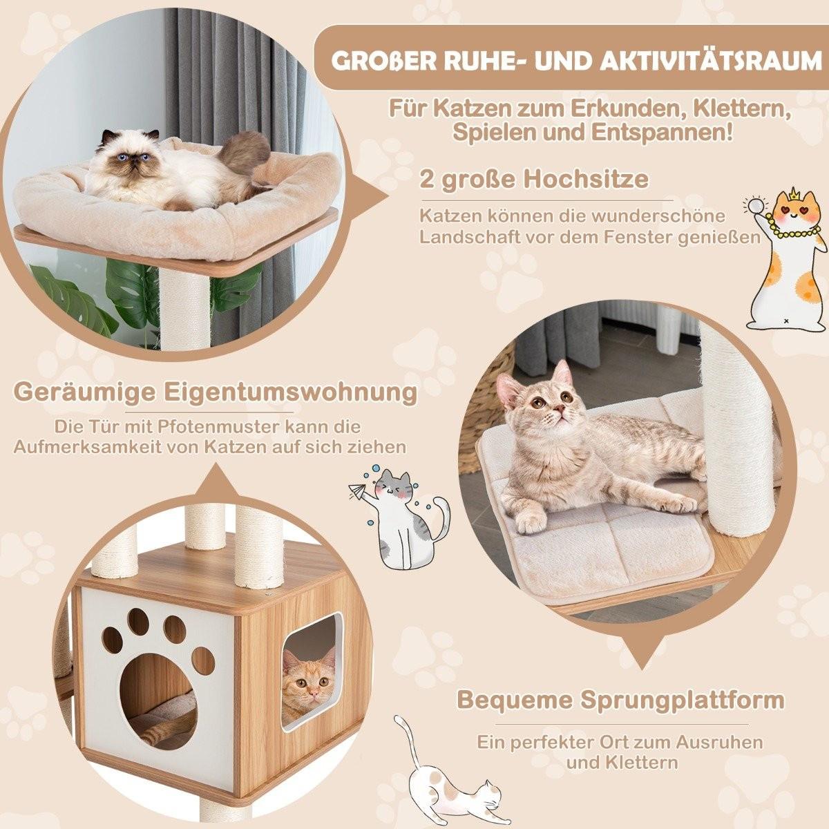 B2X 6-stöckiger Kratzbaum mit Gemütlicher Matten & Höhle & Katzenbogen Beige