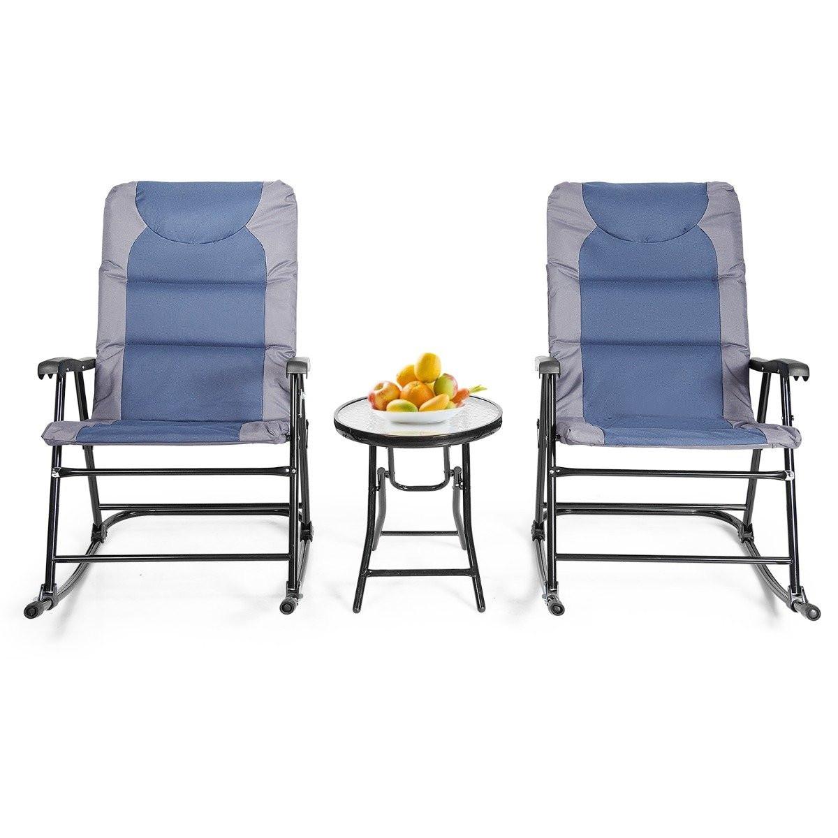 Northio 3-teiliges klappbares Bistro-Set Outdoor-Schaukelstühle mit Tisch Blau + Grau