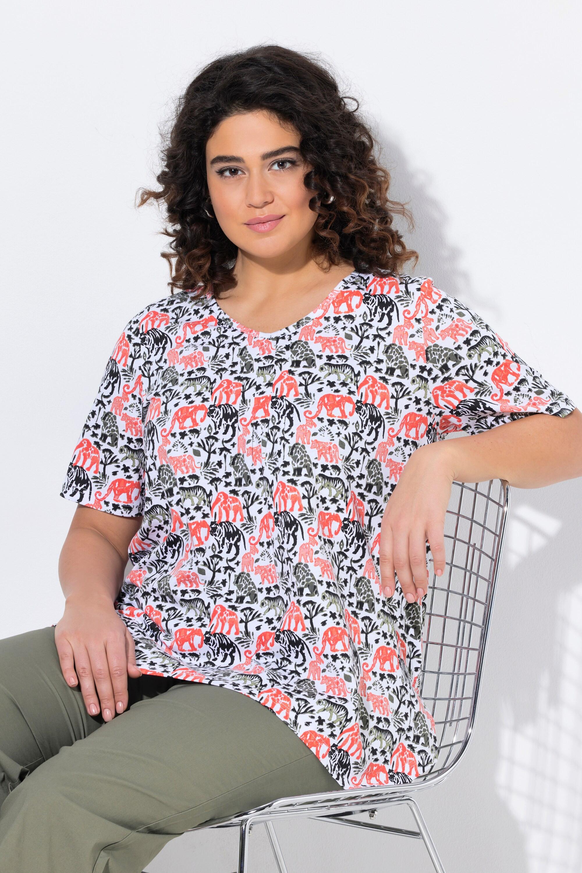 Ulla Popken Tierdruck A-Linie Zipfelsaum V-Ausschnitt Halbarm T-Shirt