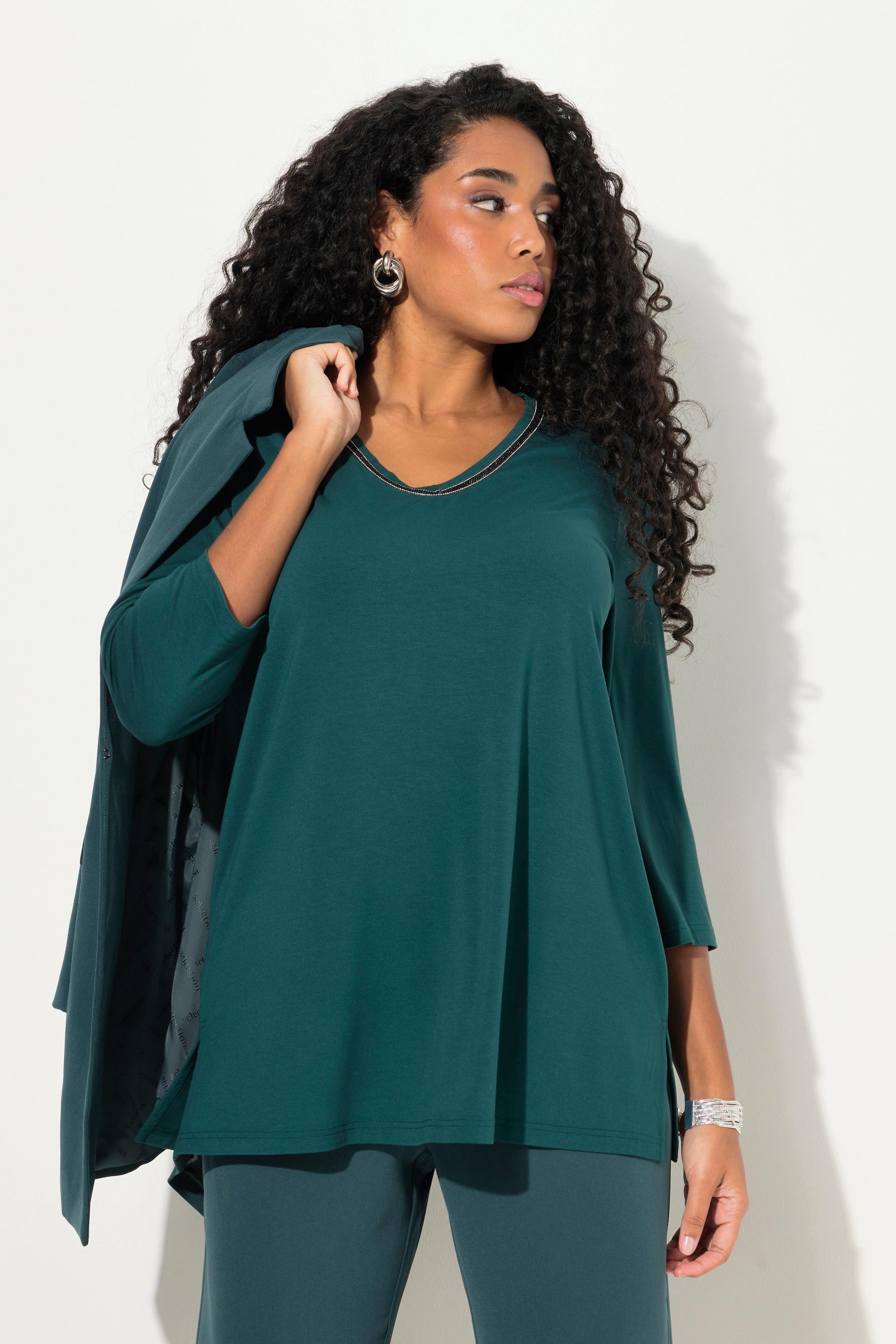 Ulla Popken A-Linie V-Ausschnitt 3/4 Arm Shirt mit Ziersteinen