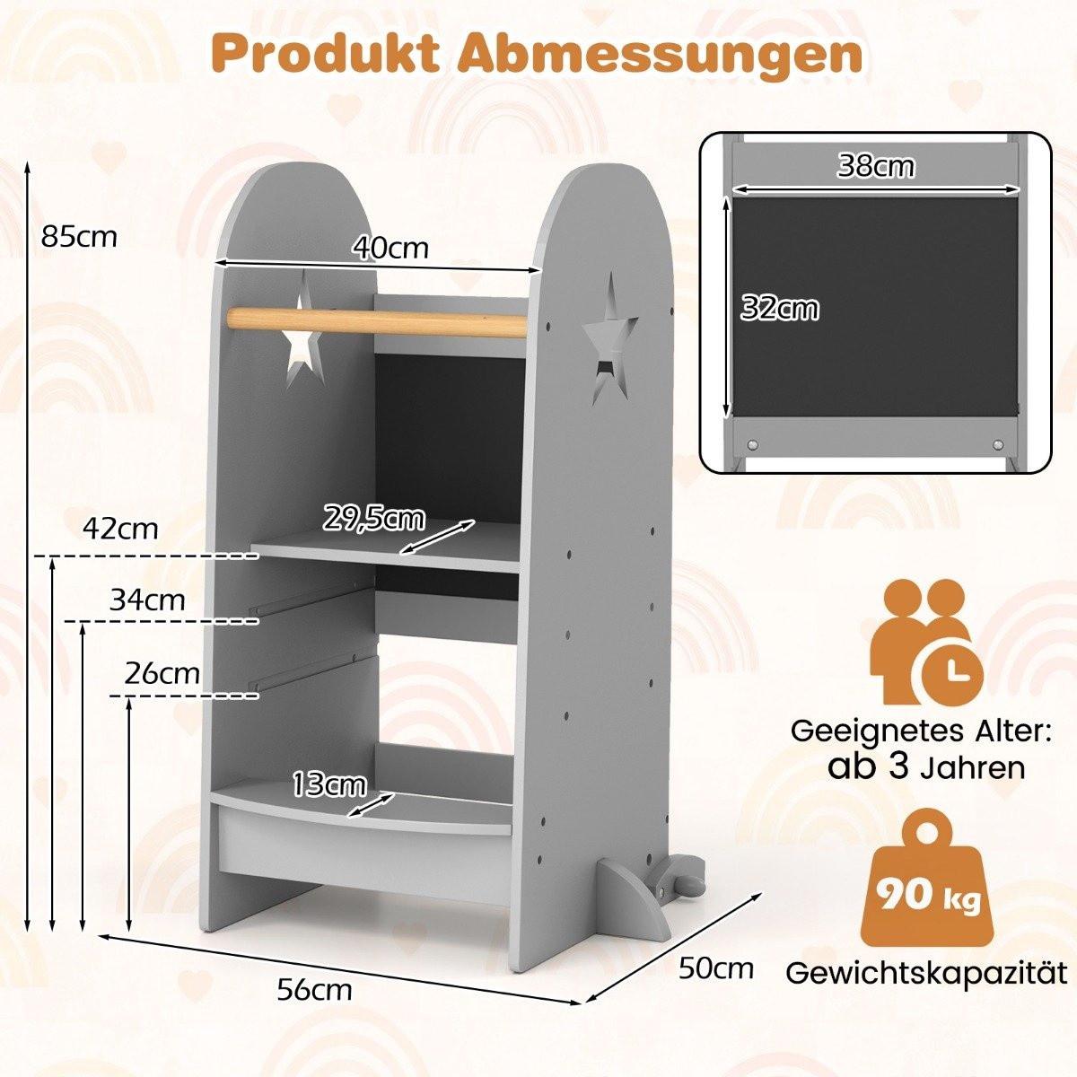 Northix 3 in 1 Lernturm Kinder Tritthocker mit 3 verstellbaren Höhen 90 kg Belastbar Grau