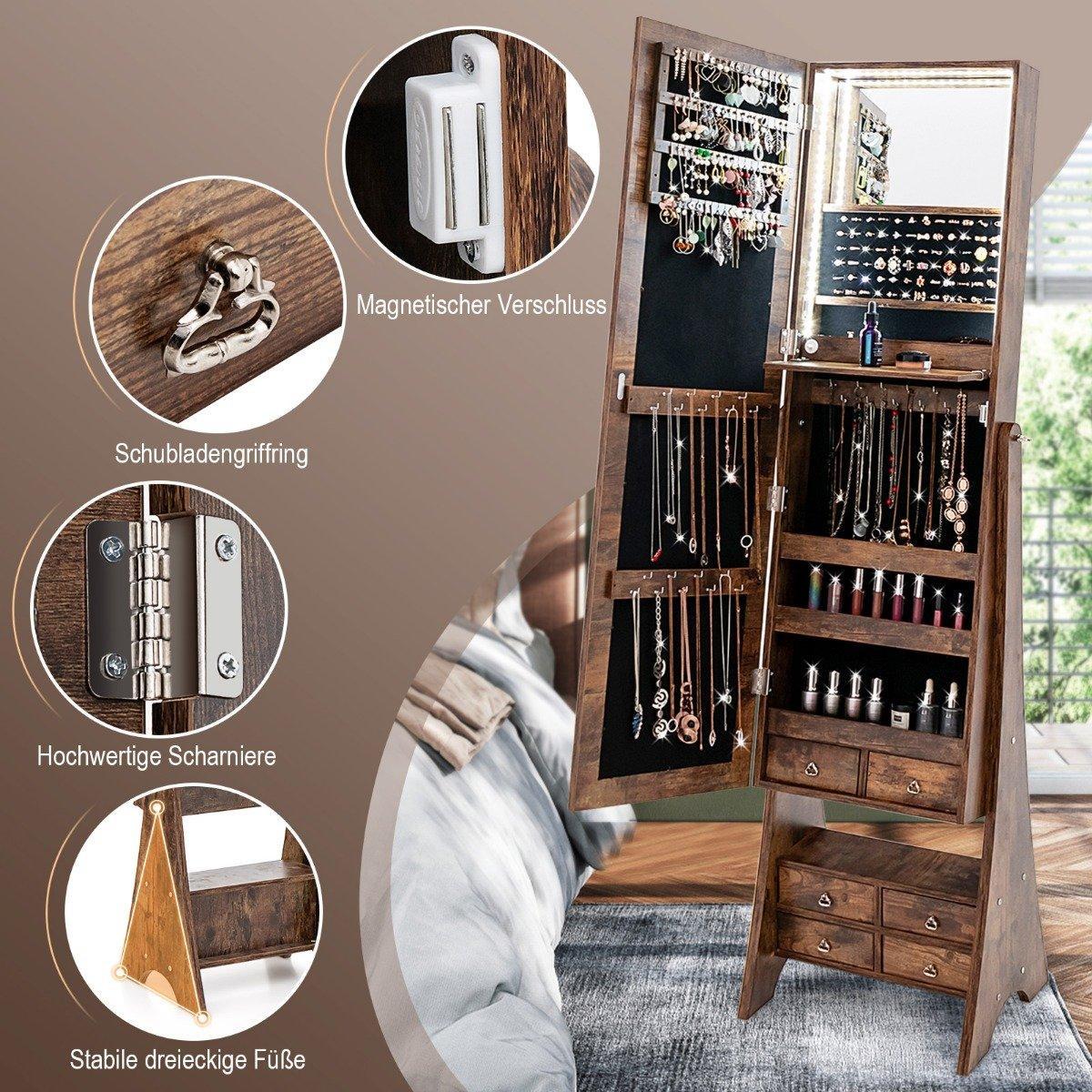 Northix Schmuckschrank mit Spiegel mit Beleuchtung Schmuck Spiegelschrank mit Schubladen Braun