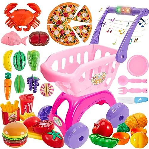 Activity-board 31 Stück Einkaufswagen Küchenspielzeug für Kinder Schneiden Obst Gemüse Lebensmittel Spielzeug