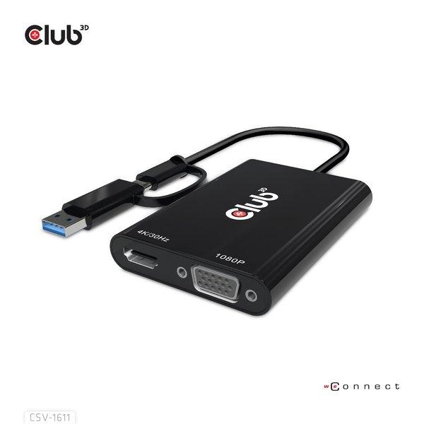 Club3D USB Gen1 Type-C/-A to Dual HDMI (4K/30Hz) / VGA (1080/60Hz)