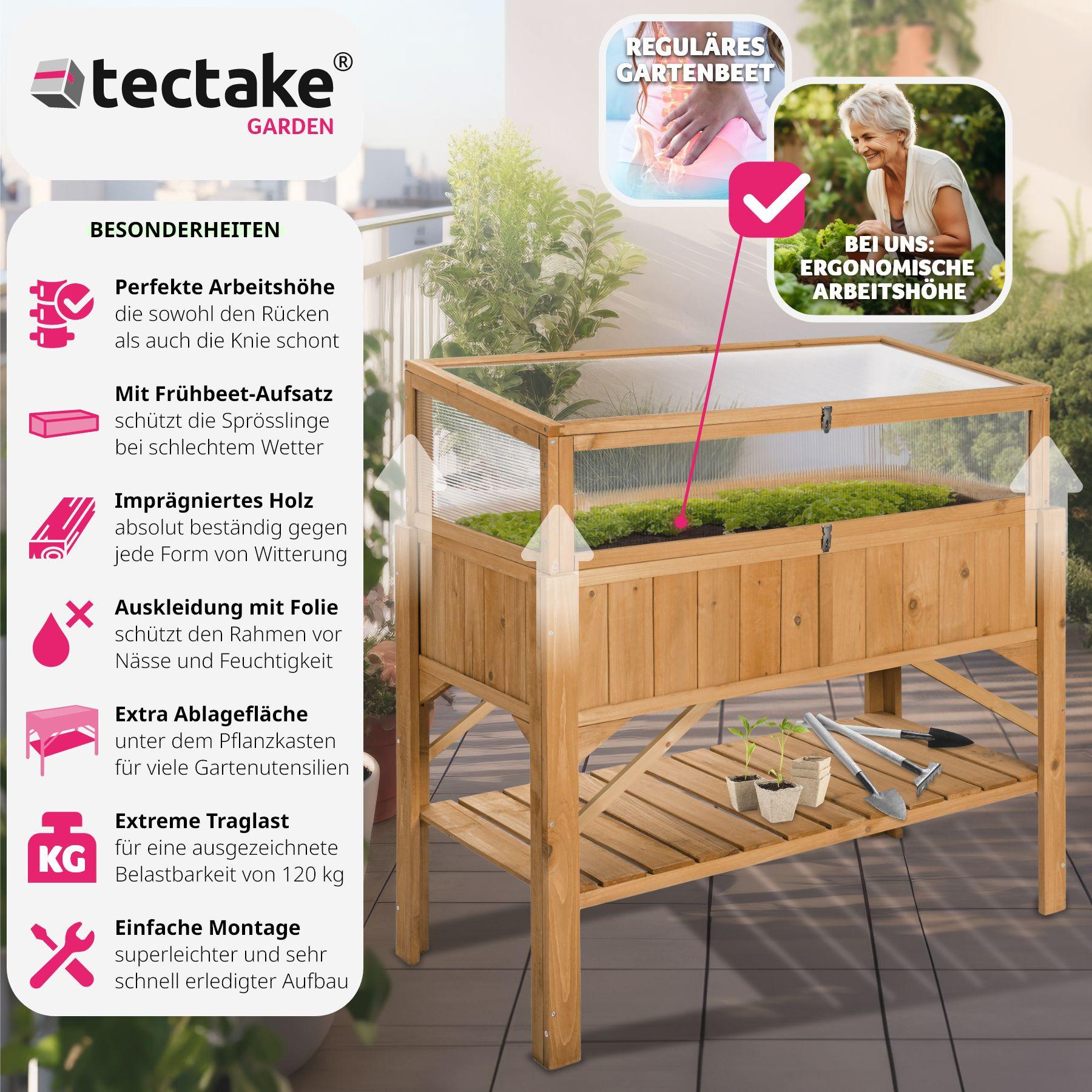 Tectake Hochbeet mit Ablage und Frühbeet-Aufsatz 119x53x124cm
