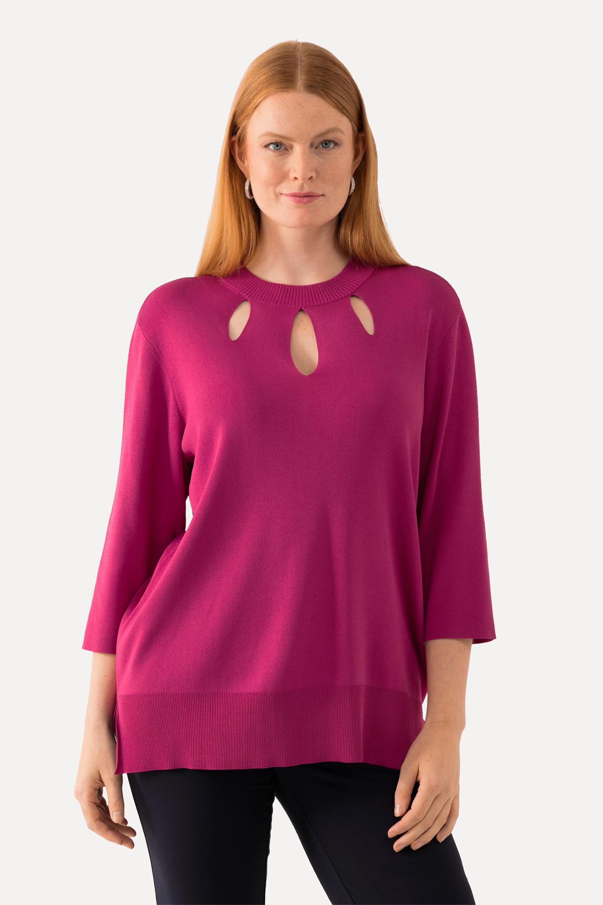 Ulla Popken Pullover, Cut-Outs, Stehkragen, 3/4-Arm, Rippstrick