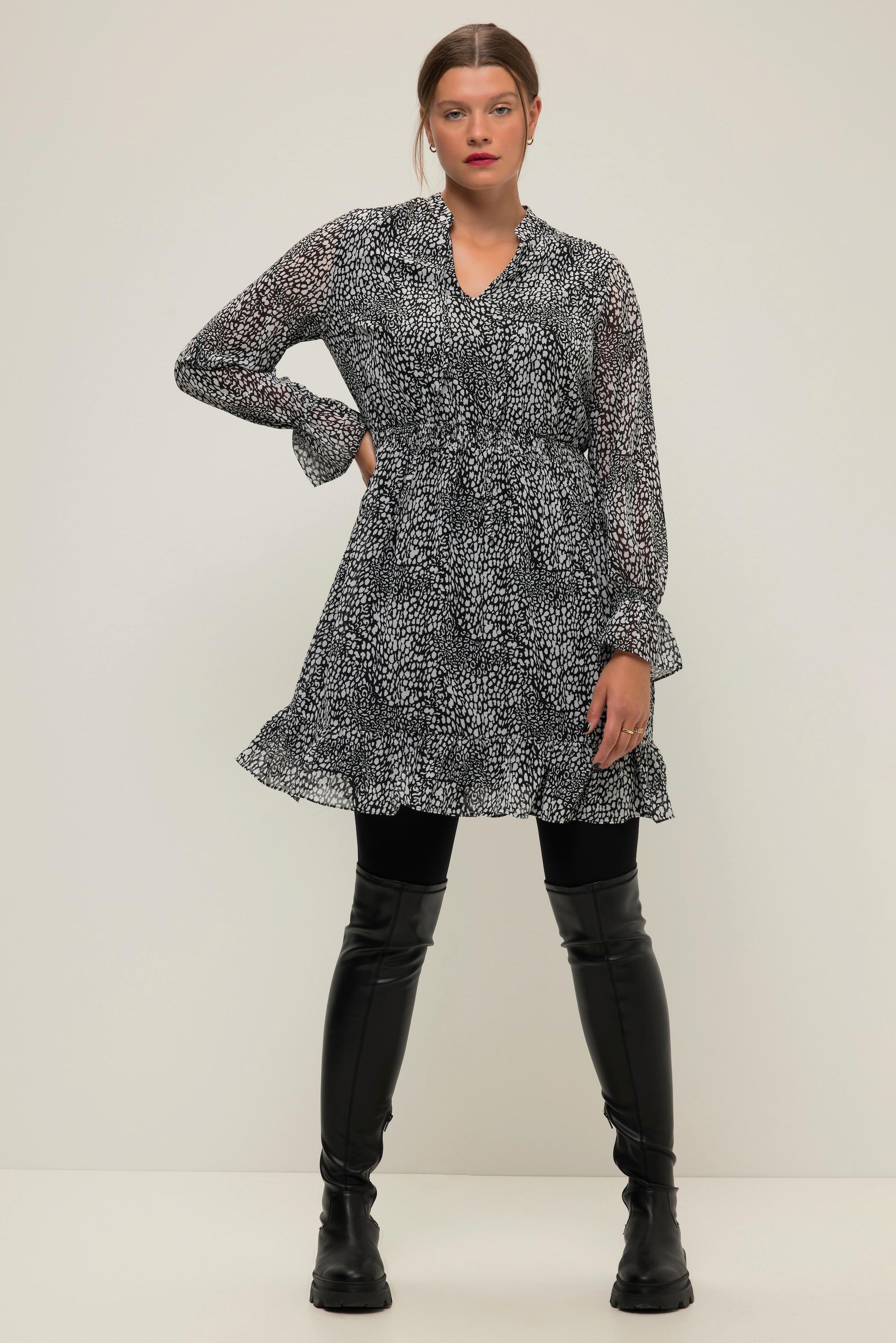 Studio Untold Minimal Leo Chiffon A-Linie Tunika-Ausschnitt Langarm Kleid