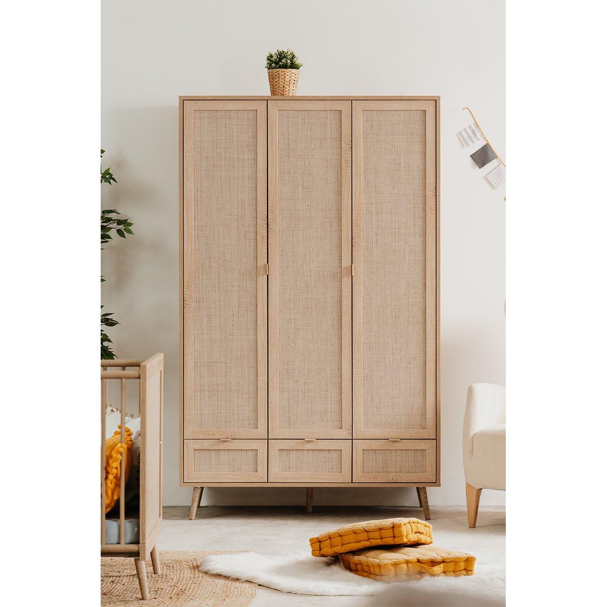 Calicosy Schrank mit 3 Türen, 3 Schubladen, 2 Kleiderstangen L120cm - Rattan-Druck - Bali