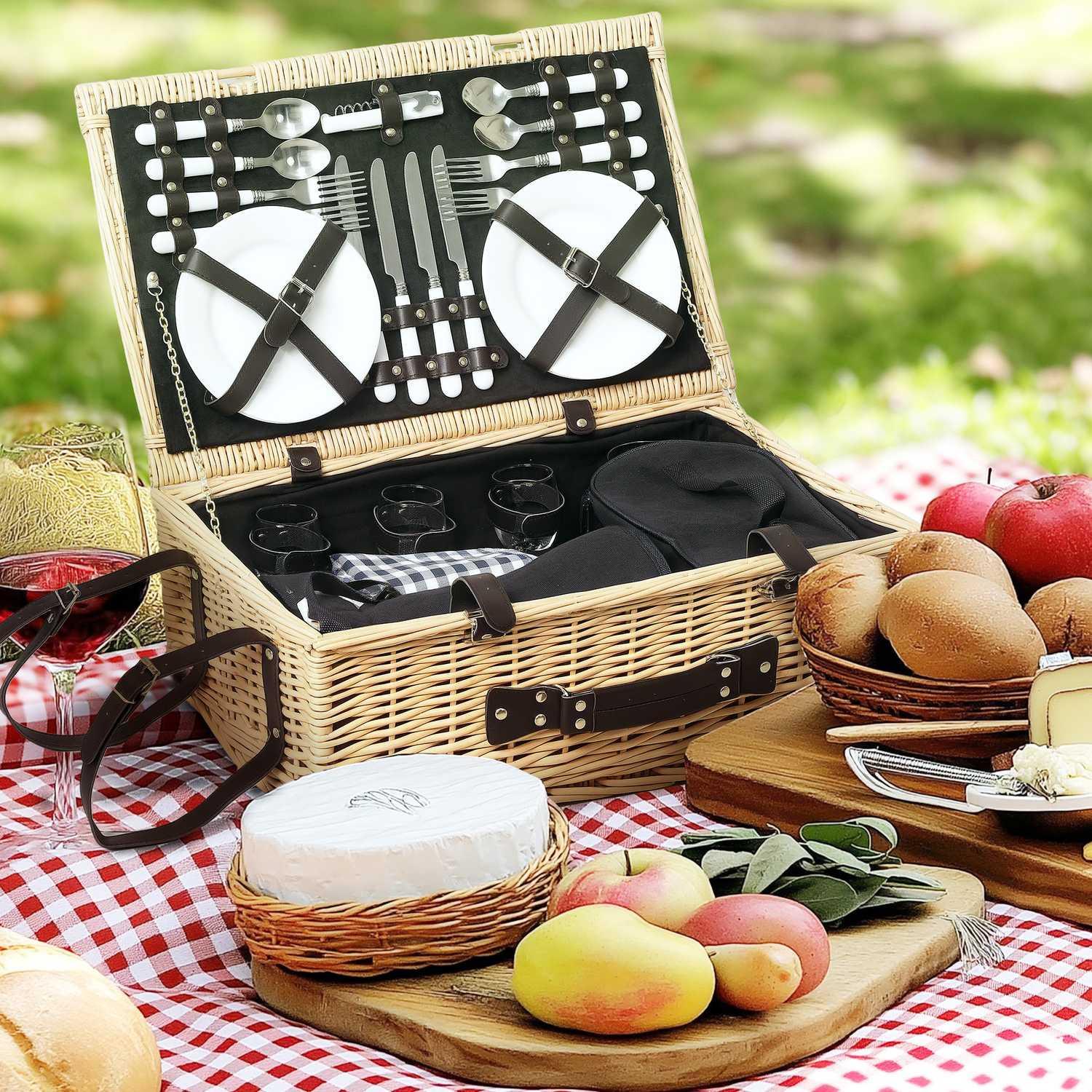 Northio Picknickkorb aus Weidenholz Picknickkoffer für 4 Personen mit Isoliert Kühlfach Picknickdecke Besteck Set, Picknick Set Komplettset für Camping Strand Weihnachten Naturholz |