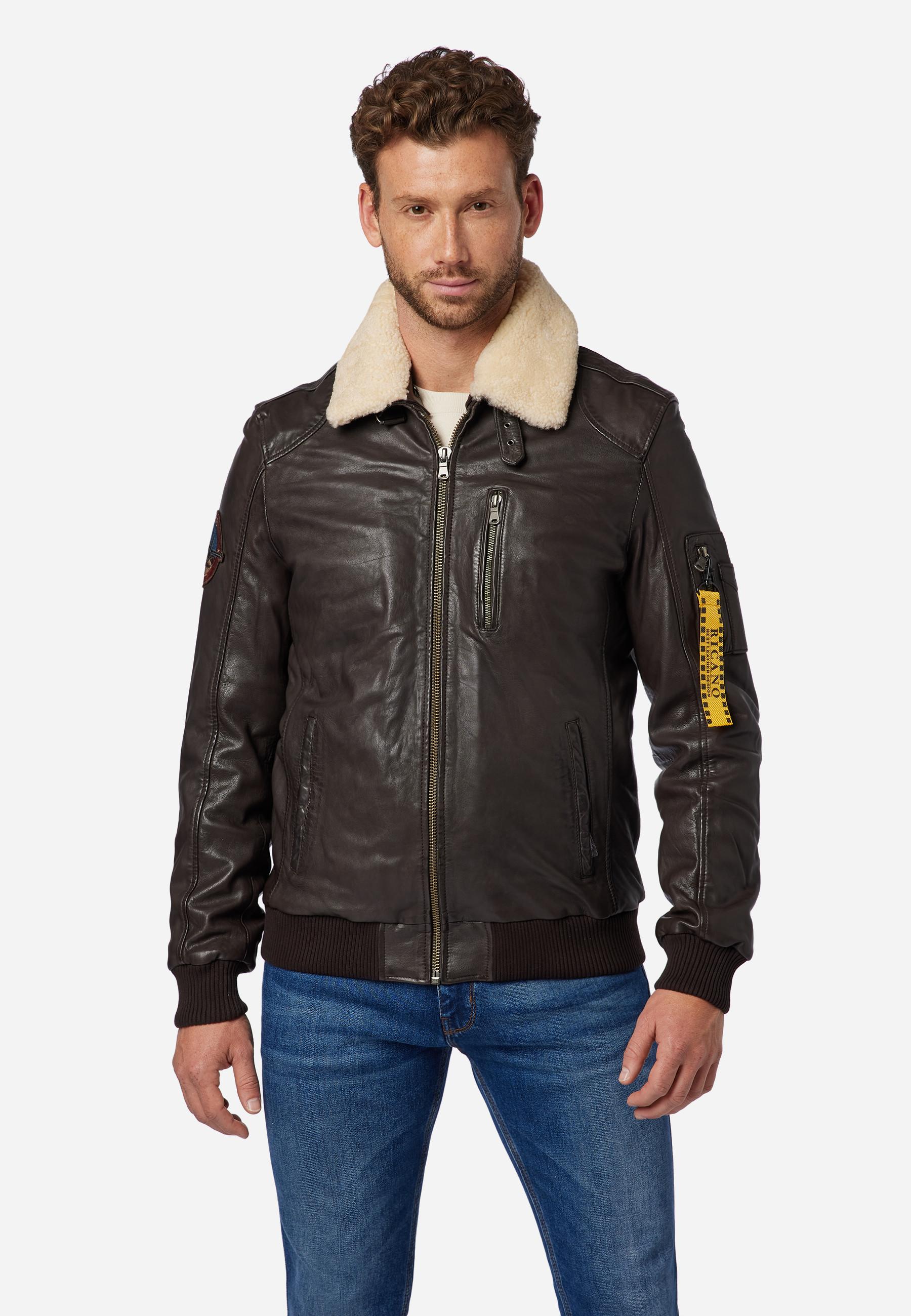 RICANO Lederjacke TG-1011 - Piloten Stil mit Fellkragen aus Lammfell