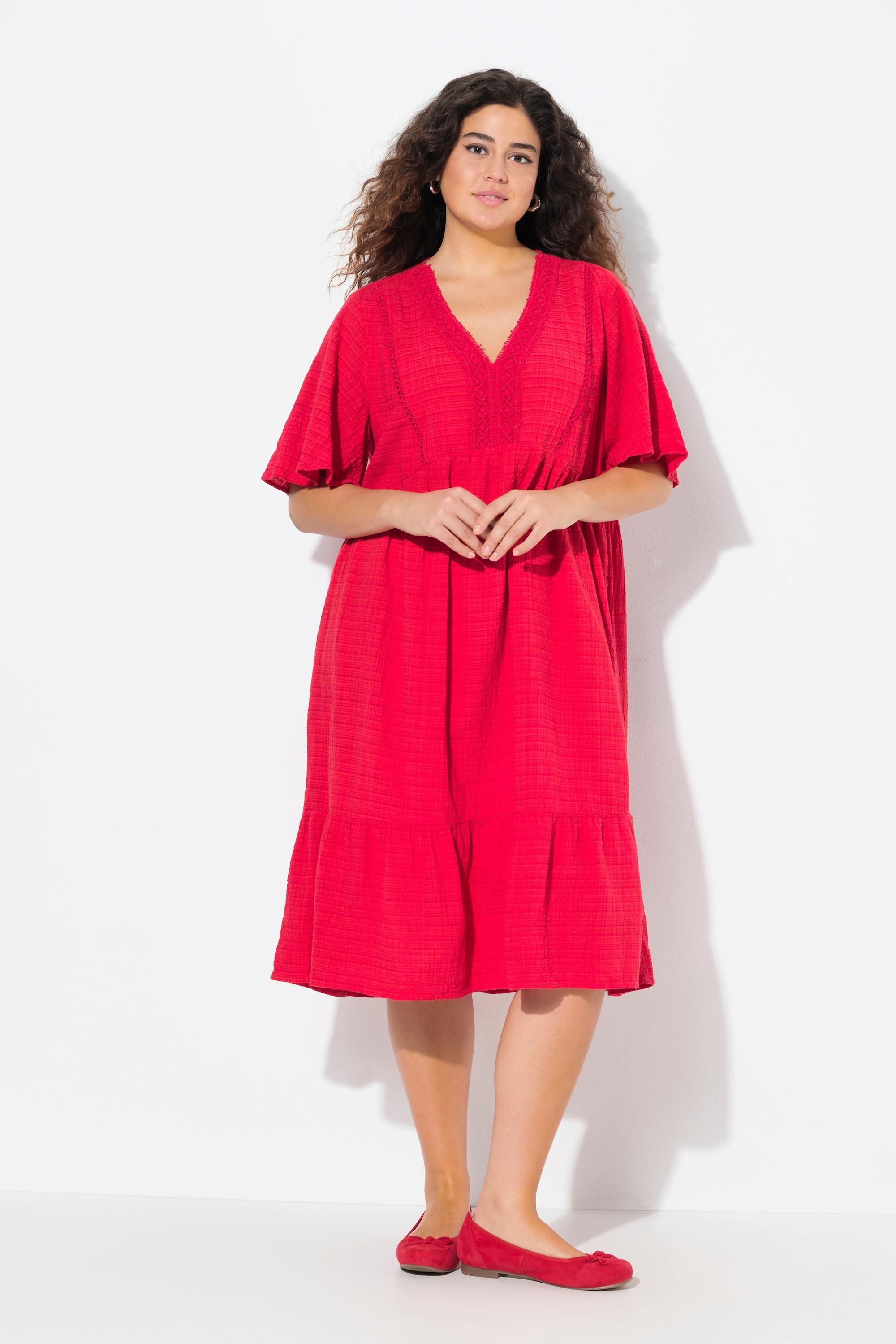 Ulla Popken Midikleid Seersucker A-Linie V-Ausschnitt Halbarm