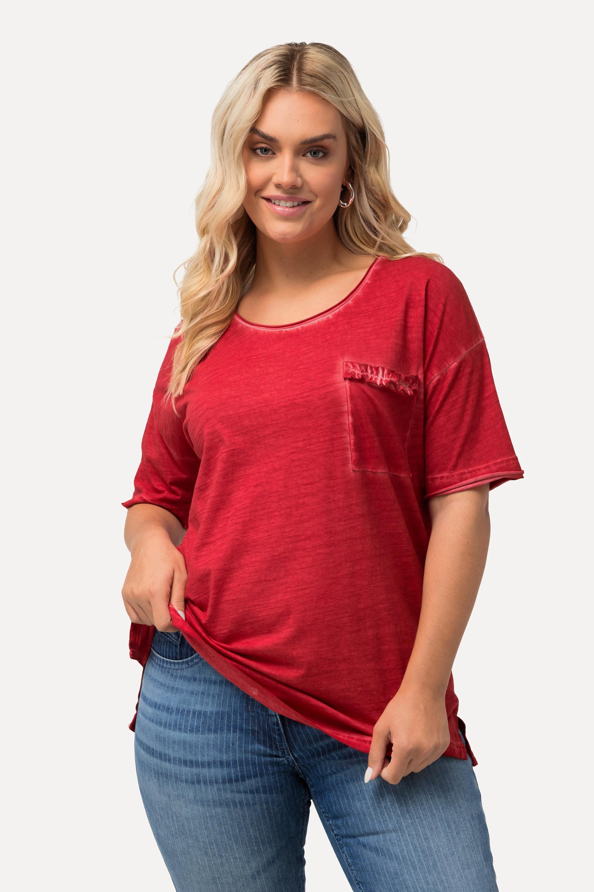 Ulla Popken Oversized Halbarm T-Shirt mit Rüschen-Brusttasche