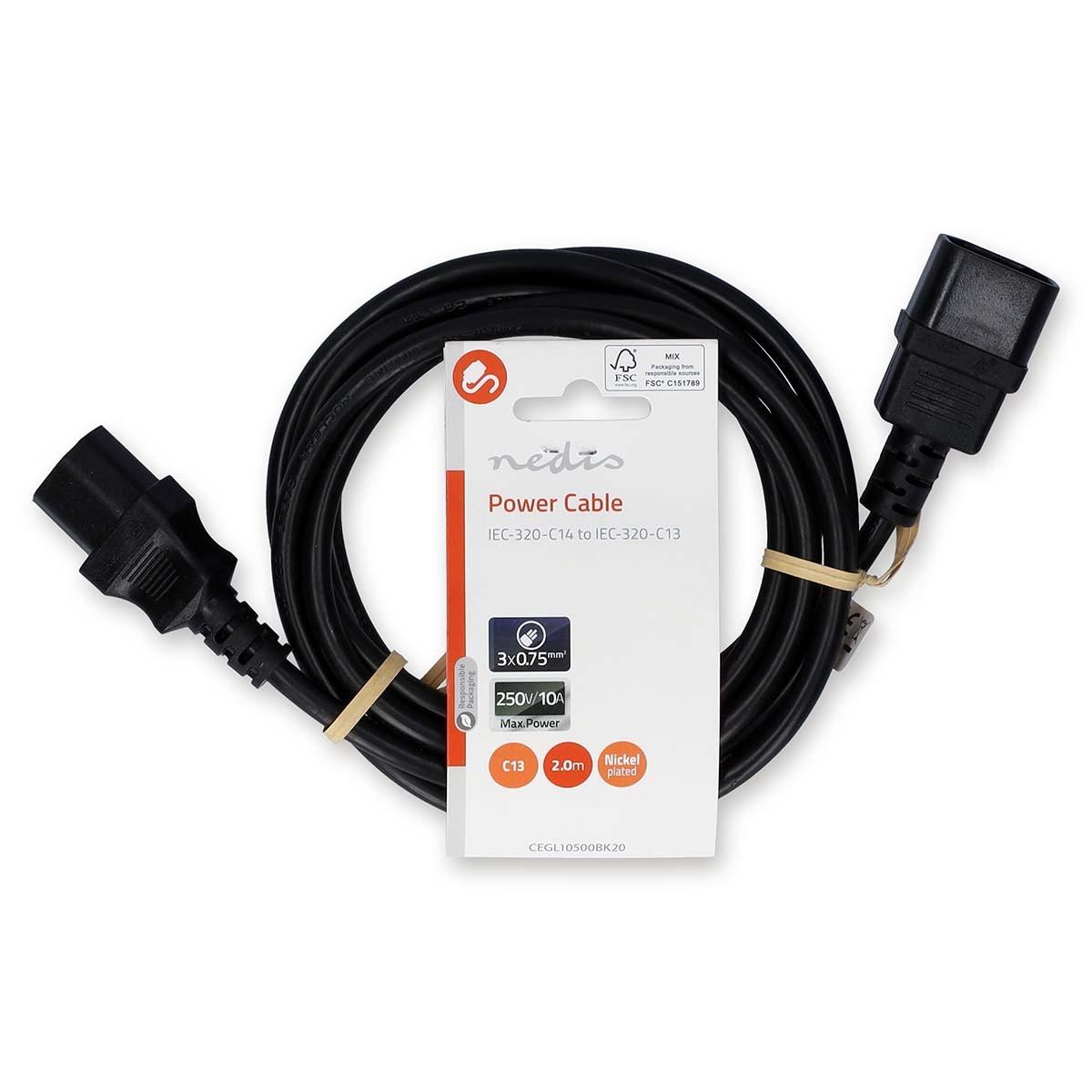 Nedis Netzkabel | IEC-320-C14 | IEC-320-C13 | Gerade | Gerade | Vernickelt | 2,00 m | Rund | PVC | Schwarz | Etikett