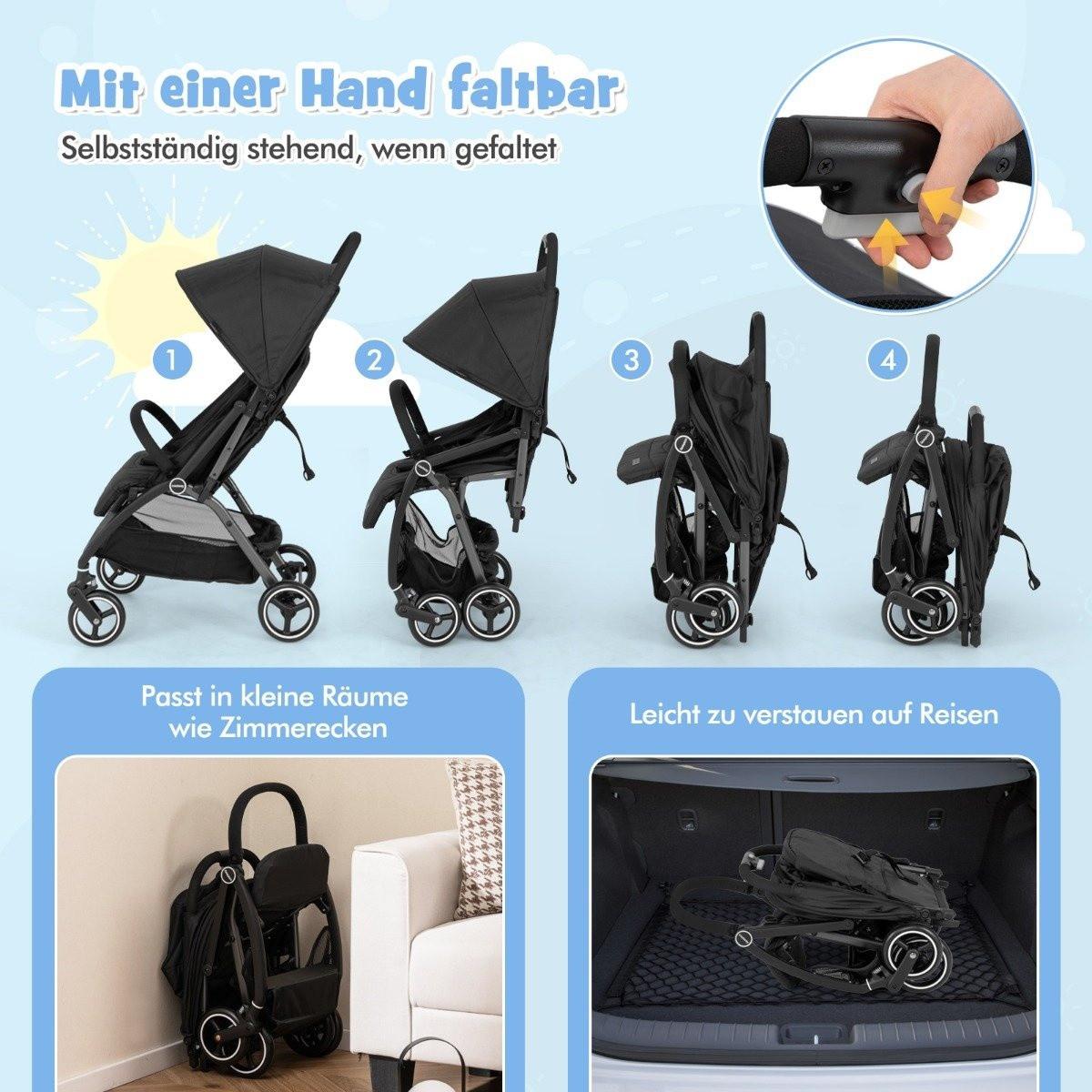 Northix Einhändig Klappbare Kinderwagen mit Verstellbarer Rückenlehne & Verdeck Reisebuggy Schwarz