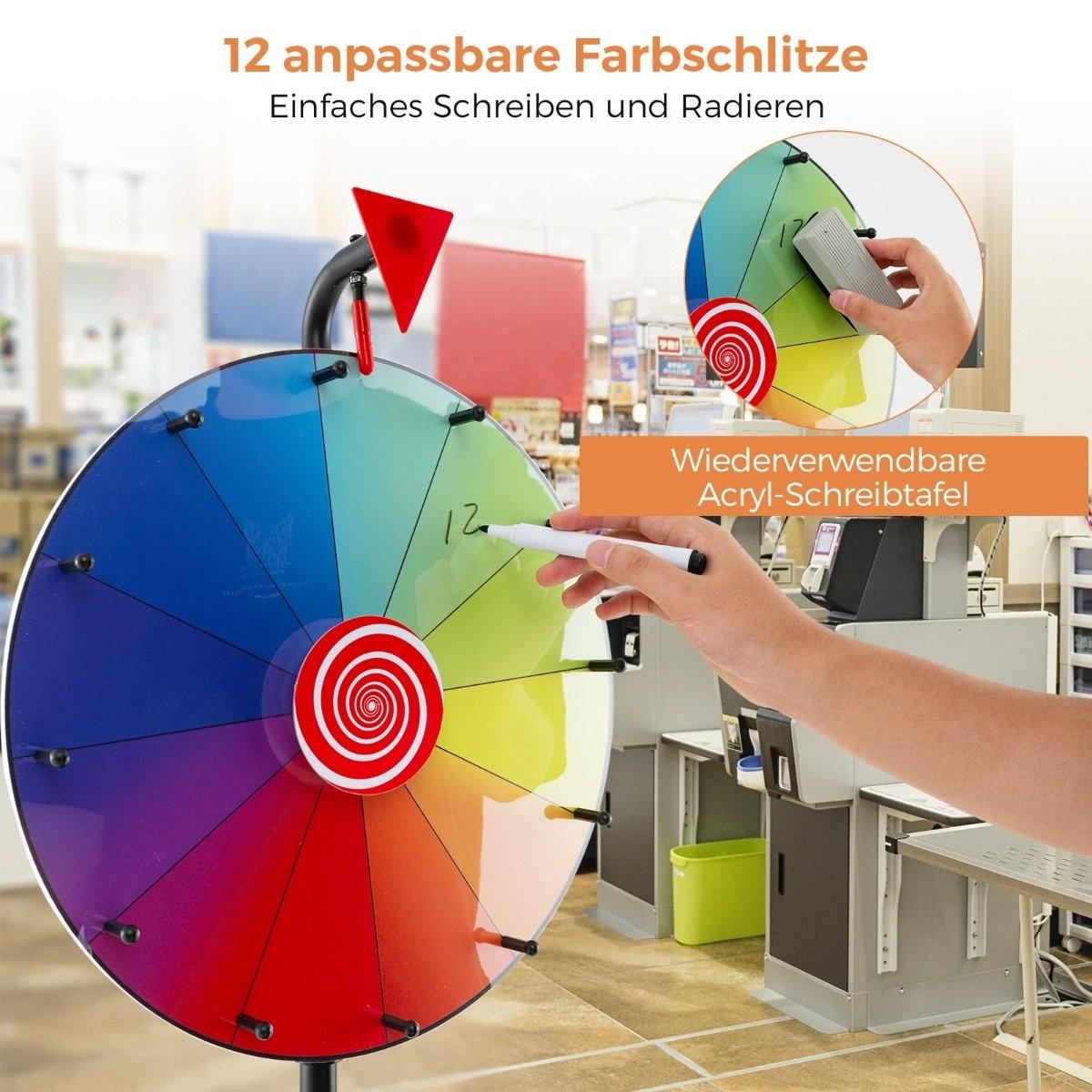 B2X Ø 40 cm Glücksrad mit Dreibein-Bodenständer Höhenverstellbares Preisrad mit Ablage